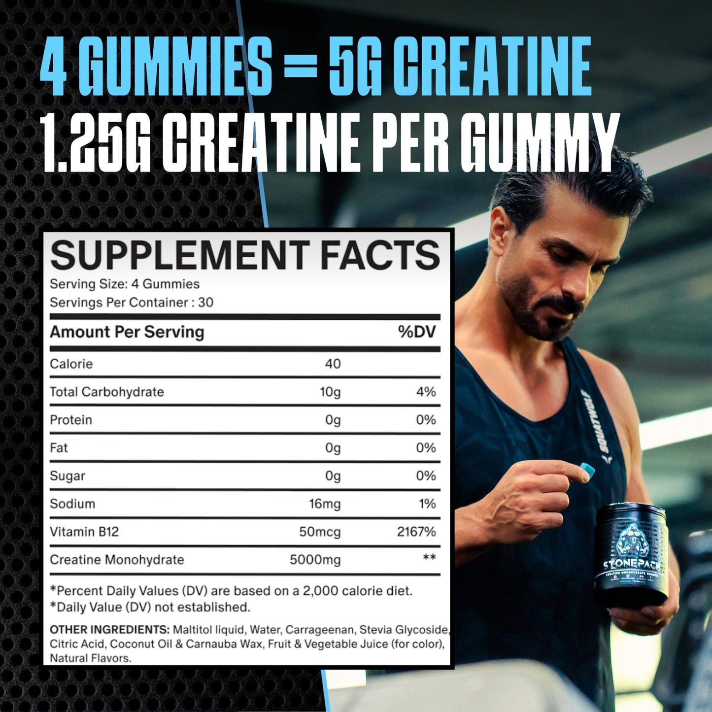 STONEPACK Creatine Gummies Lab Verified 5g Creatine Monohydrate, 120 Count