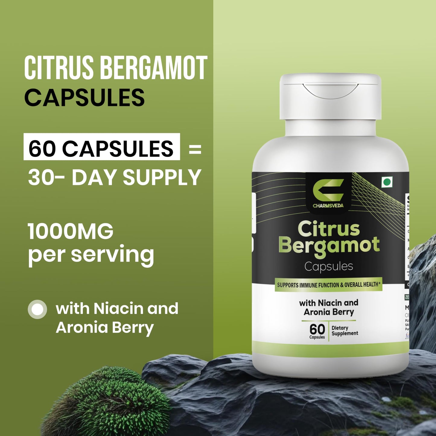 CHARMSVEDA Citrus Bergamot with Niacin & Aronia Berry – Advanced Liver Health, Immune & Heart Support – Olive Leaf & Black Pepper Extract – 60 Vegan Capsules