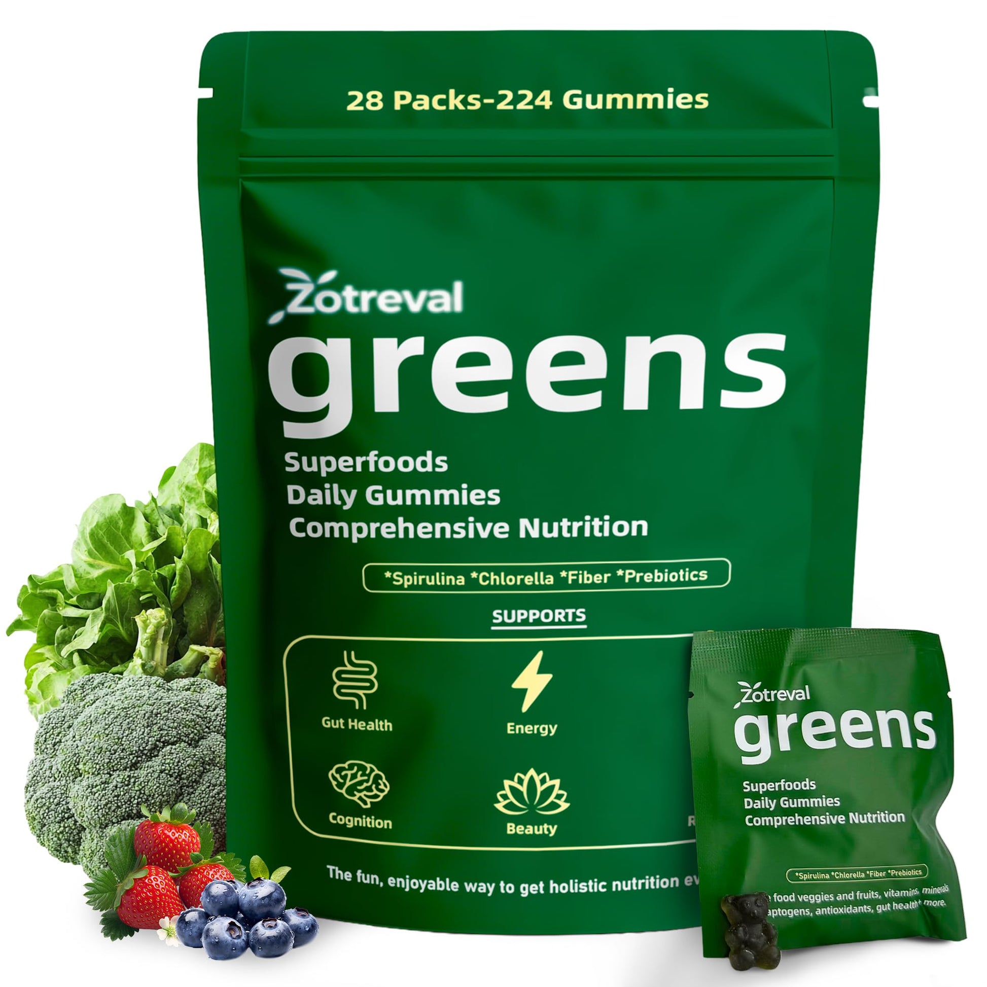 Zotreval Daily Greens Superfood Green Gummies with Chlorella & Spirulina, 1 Pack