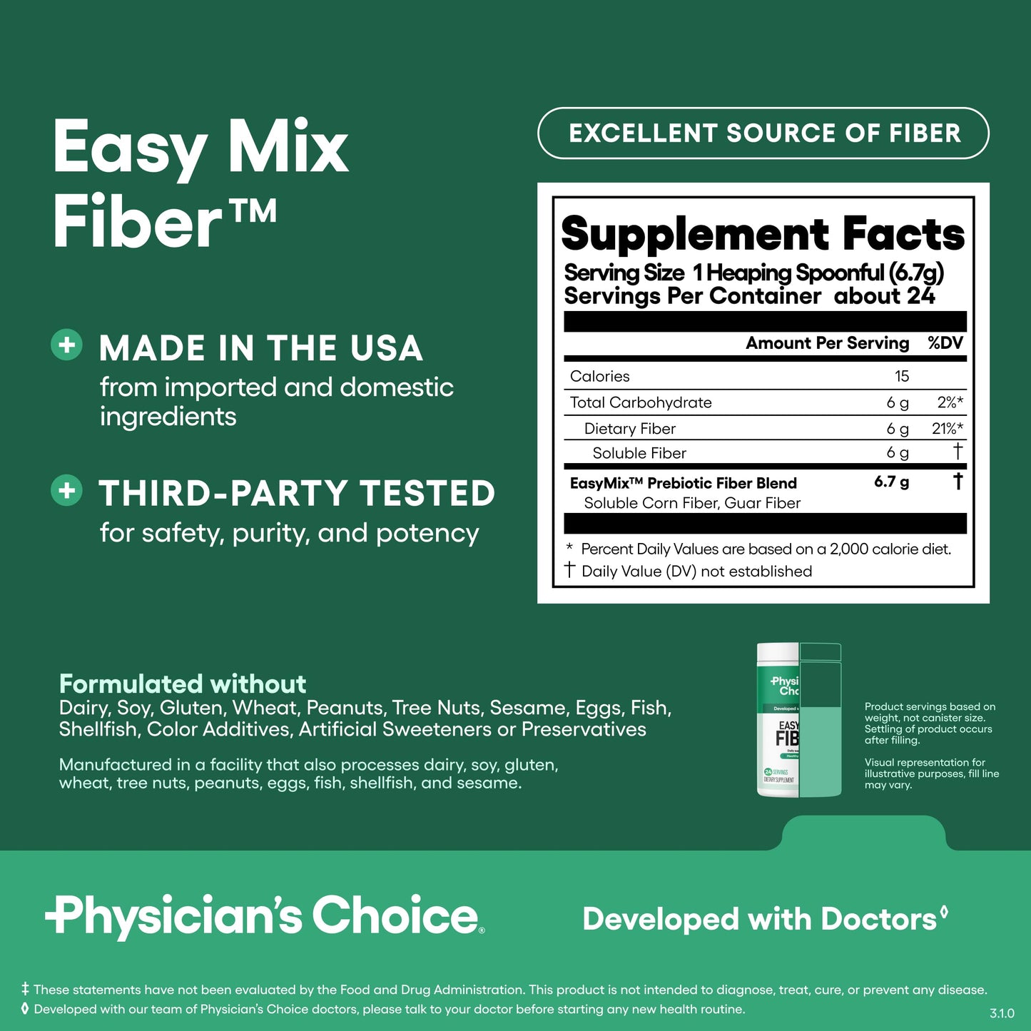 Physician's CHOICE Easy Mix Fiber for Digestive Health & Regularity Powder 5.7 oz