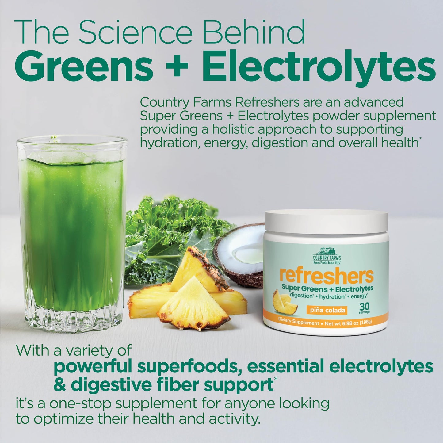 Country Farms Refreshers, Super Greens and Electrolytes Piña Colada Powder 6.98 Ounce