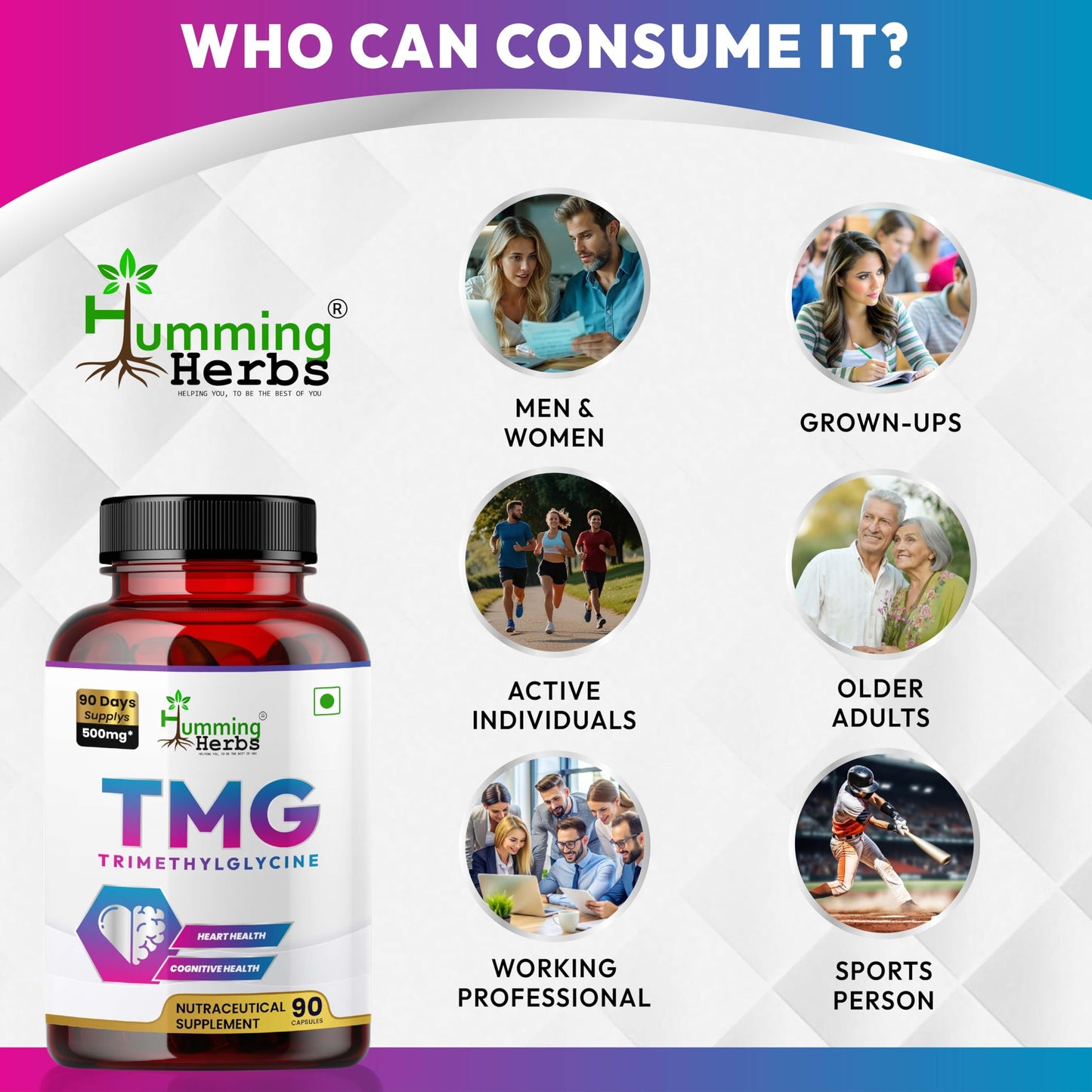 Humming Herbs TMG Supplement Trimethylglycine 500 mg Capsules 90 Count