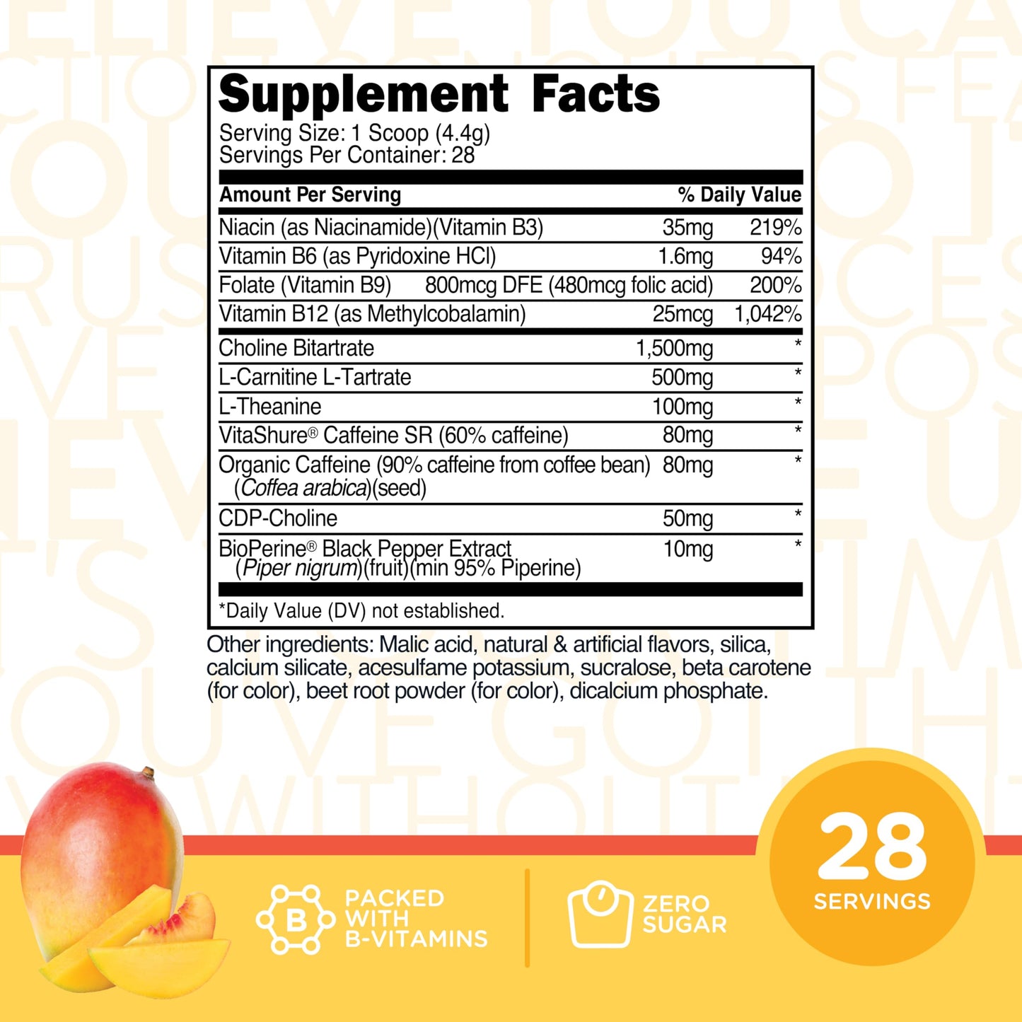 TransformHQ Energy & Focus Powder Peach Mango, 4.3 Ounce, 28 Servings