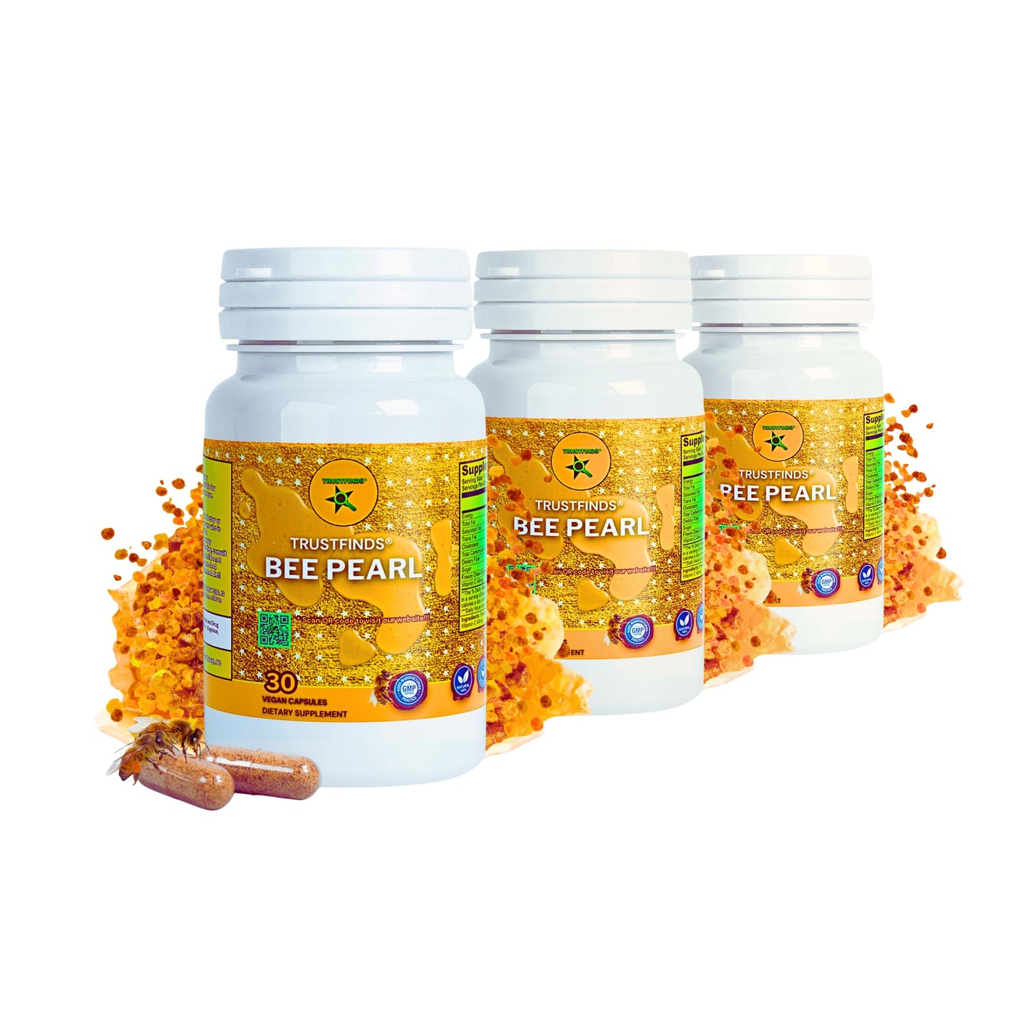 TrustFinds Bee Pearls Natural Immunity & Vitality Support, Bee Bread Extract + Vitamin C, Non-GMO Bee Pollen Capsules, 90 Capsules