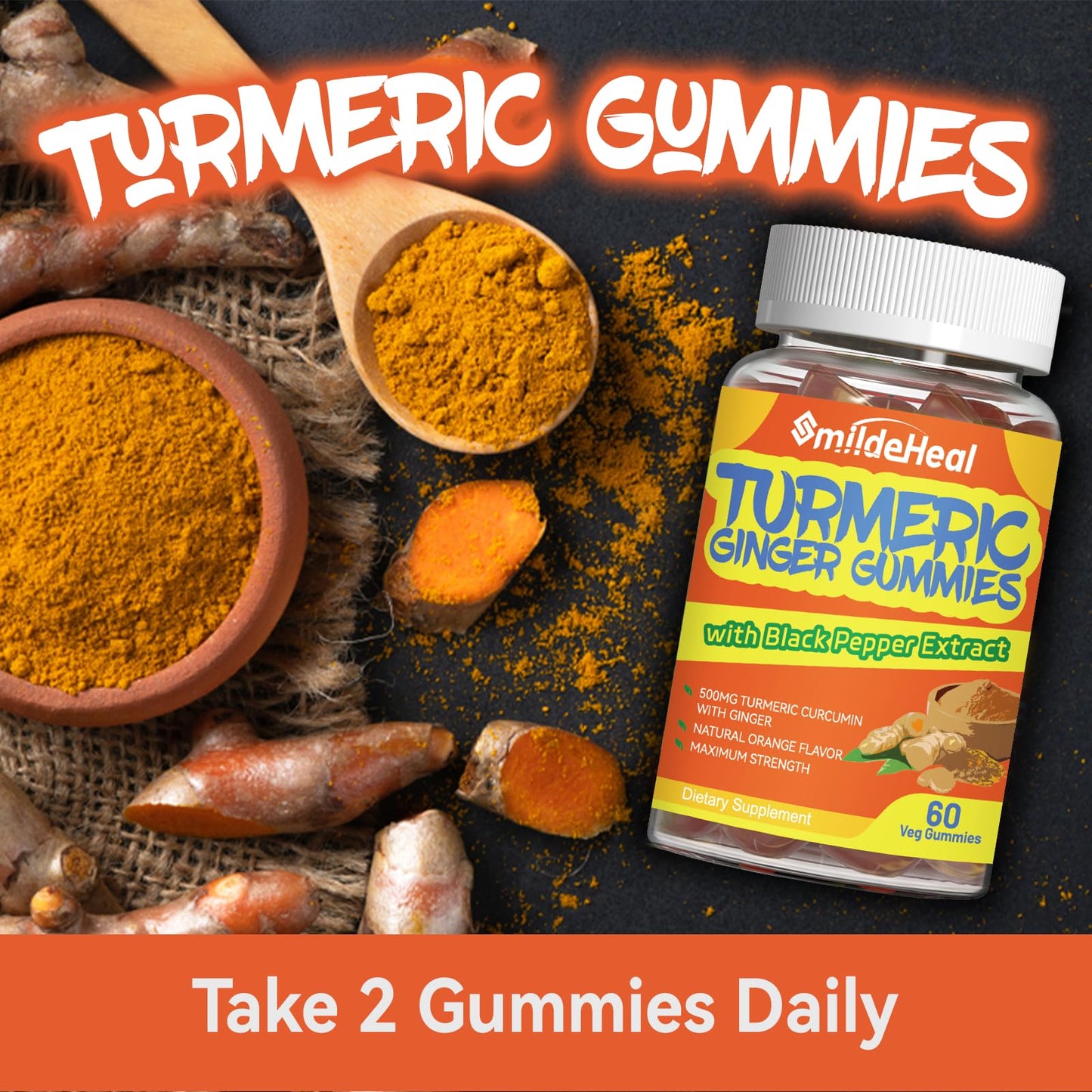 SmildeHeal Turmeric Curcumin Gummies 500mg with Turmeric Root Extract, 120 Gummies