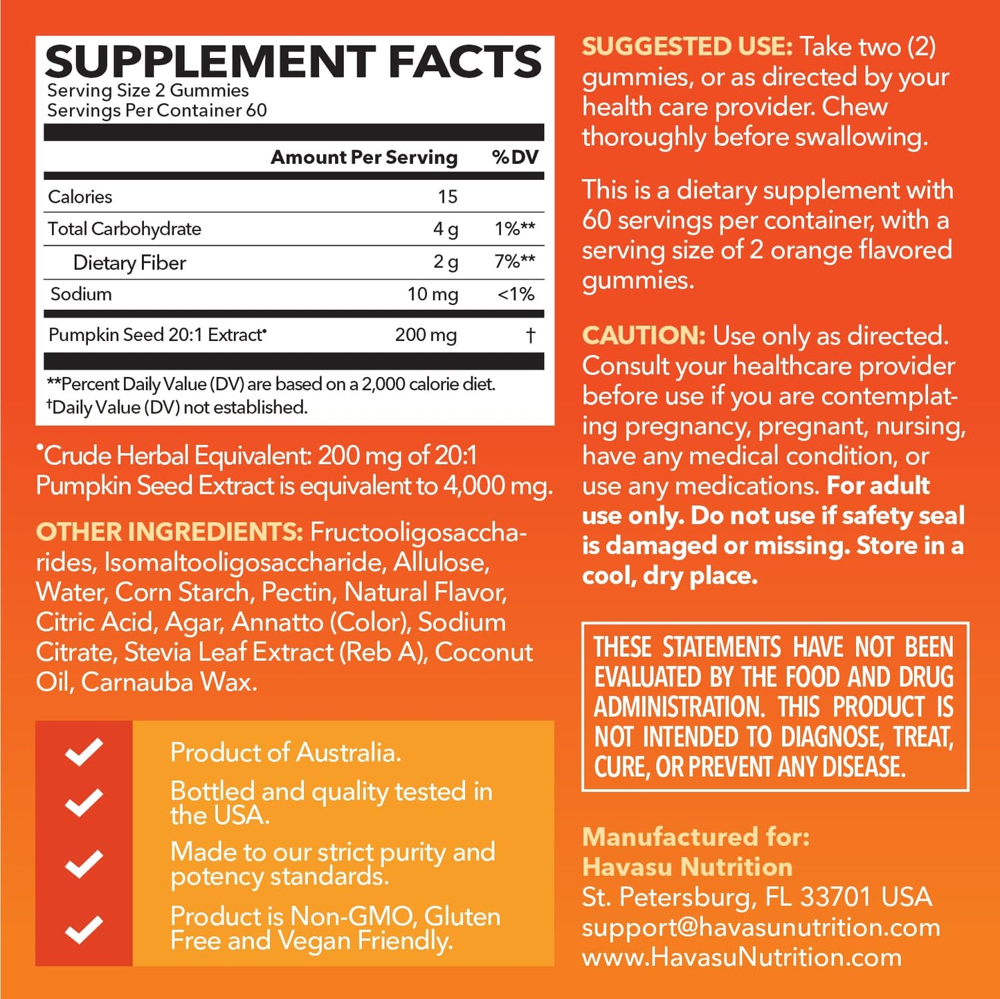 HAVASU NUTRITION Pumpkin Seed Oil Gummies for Bladder and Urinary Tract Support, 200mg Pumpkin Seed Extract per Serving, Vegan, Non-GMO, Gluten-Free, Sugar Free, Orange Flavor, 120 Gummies