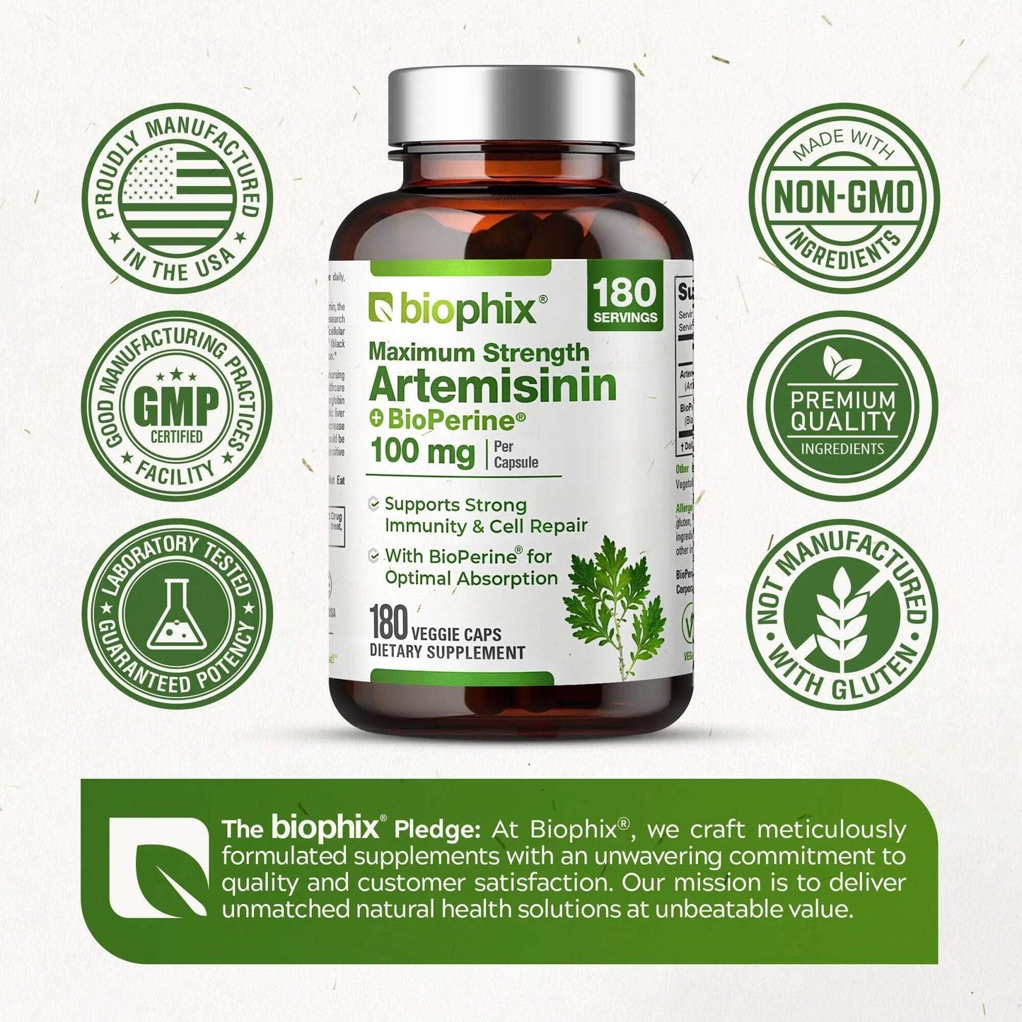 Biophix Artemisinin Supplement + BioPerine 100 mg - Maximum Strength Sweet Wormwood Extract - Supports Cellular Health, Antioxidant Balance & Immune Function, 180 Capsules