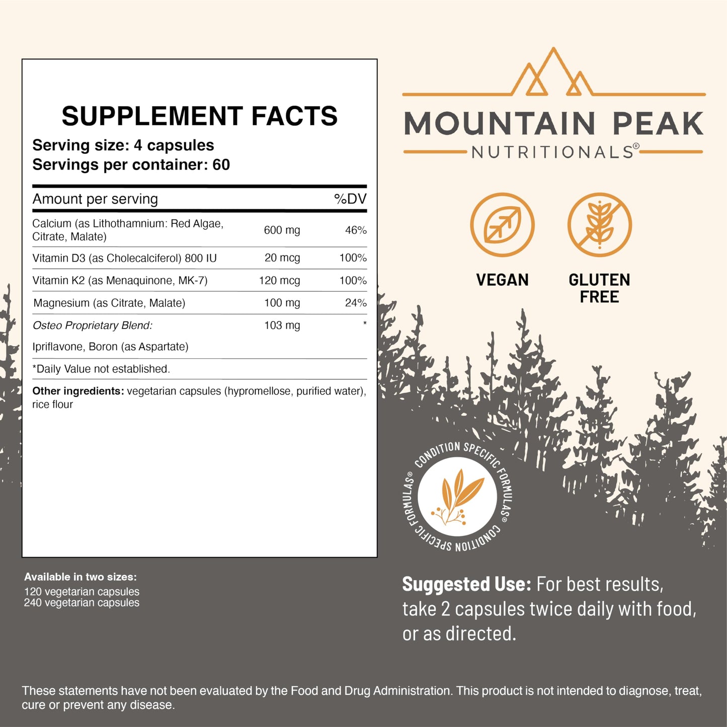 Mountain Peak Nutritionals Osteo Supplement - Organ & Strong Bone Support, Promotes Bone Health - With Vitamins D3, K2, Calcium, and Magnesium - Bone Building & Strengthening Capsules, 240 Count