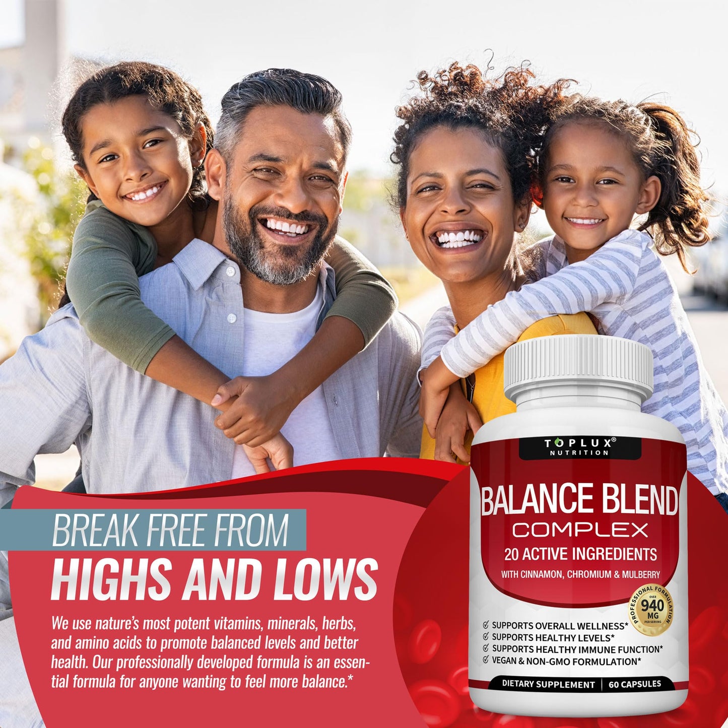Toplux Premium Natural Balance Blend Complex Supplement - Natural 20 Herbs and Vitamins with Cinnamon Non-GMO Vegan, for Men Women, 60 Capsules