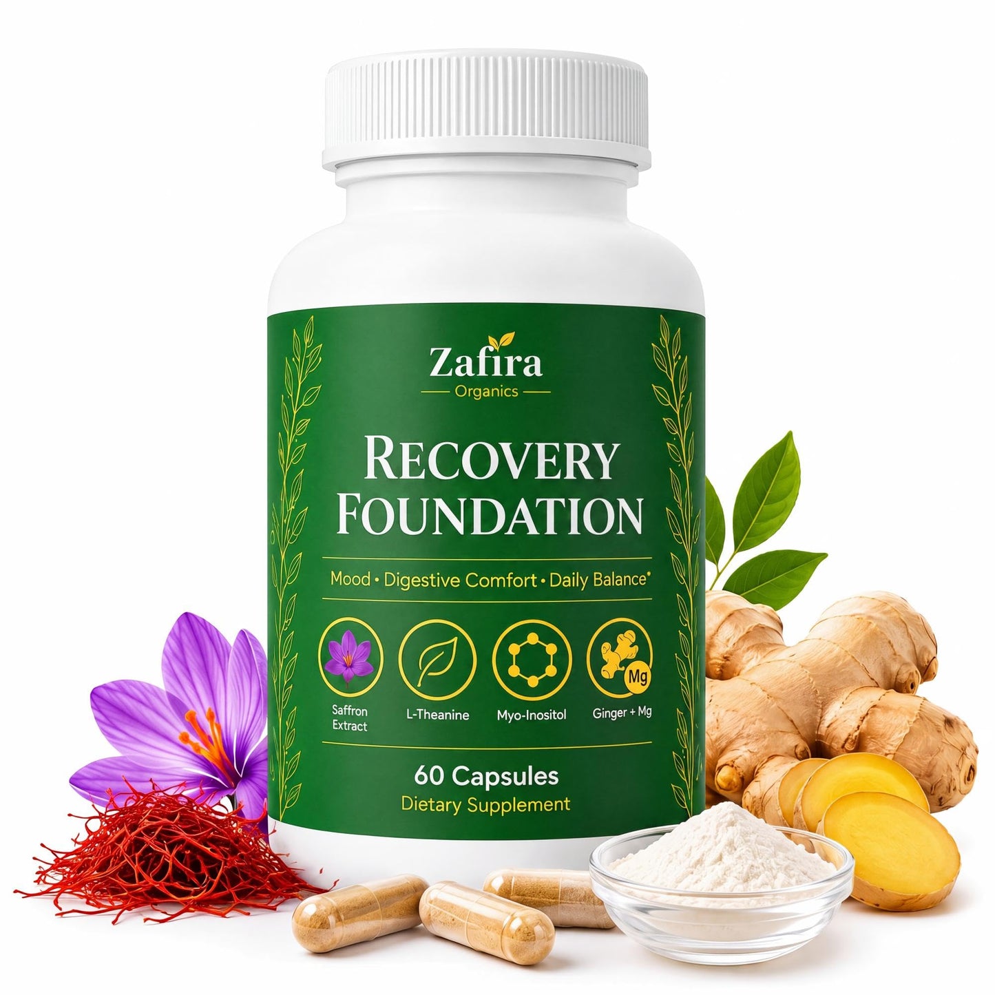 SHIADA Zafira Organics Recovery Foundation Saffron Extract & Myo-Inositol Supplement for Mood Support, Mental Clarity, Hair Health & Digestive Comfort with L-Theanine, Ginger & Magnesium, 60 Capsules