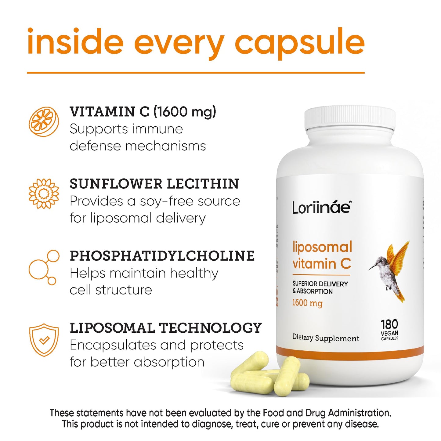 Loriináe Liposomal Vitamin C 1600mg High Absorption with Sunflower Lecithin Capsules, 180 Count