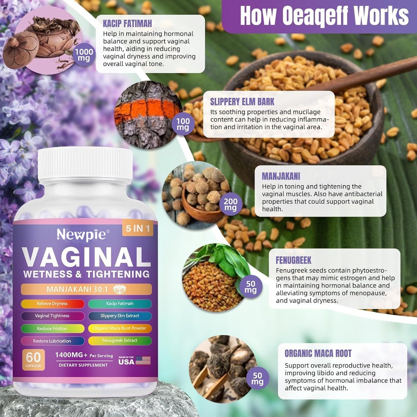 SUWENY Vaginal Moisturizer & Tightening Capsules - Kacip Fatimah 1,000mg & Manjakni 200mg, 60 Count