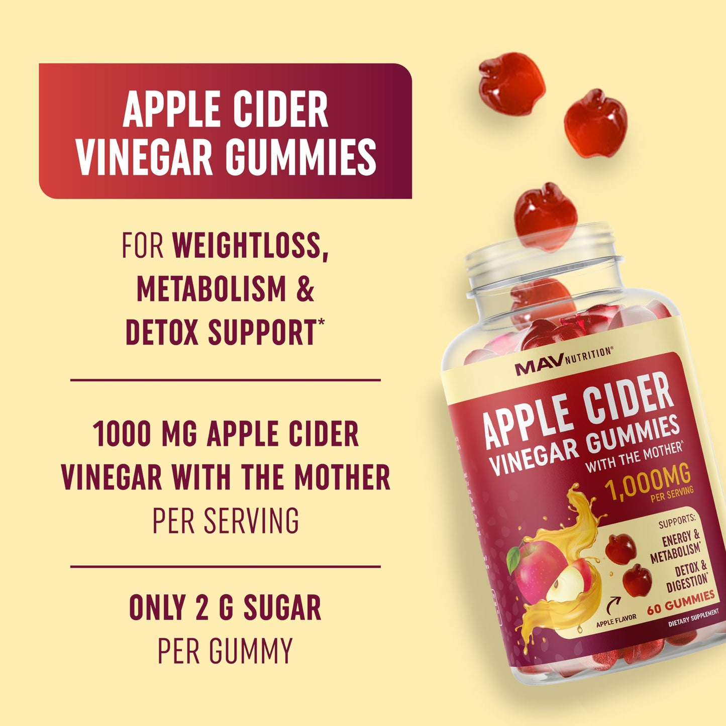 MAV NUTRITION Organic Apple Cider Vinegar Gummies, 1000mg ACV per Serving, With The Mother, Vitamin B6, B12 & Folate, Vegan, Gluten-Free, 60 Gummies