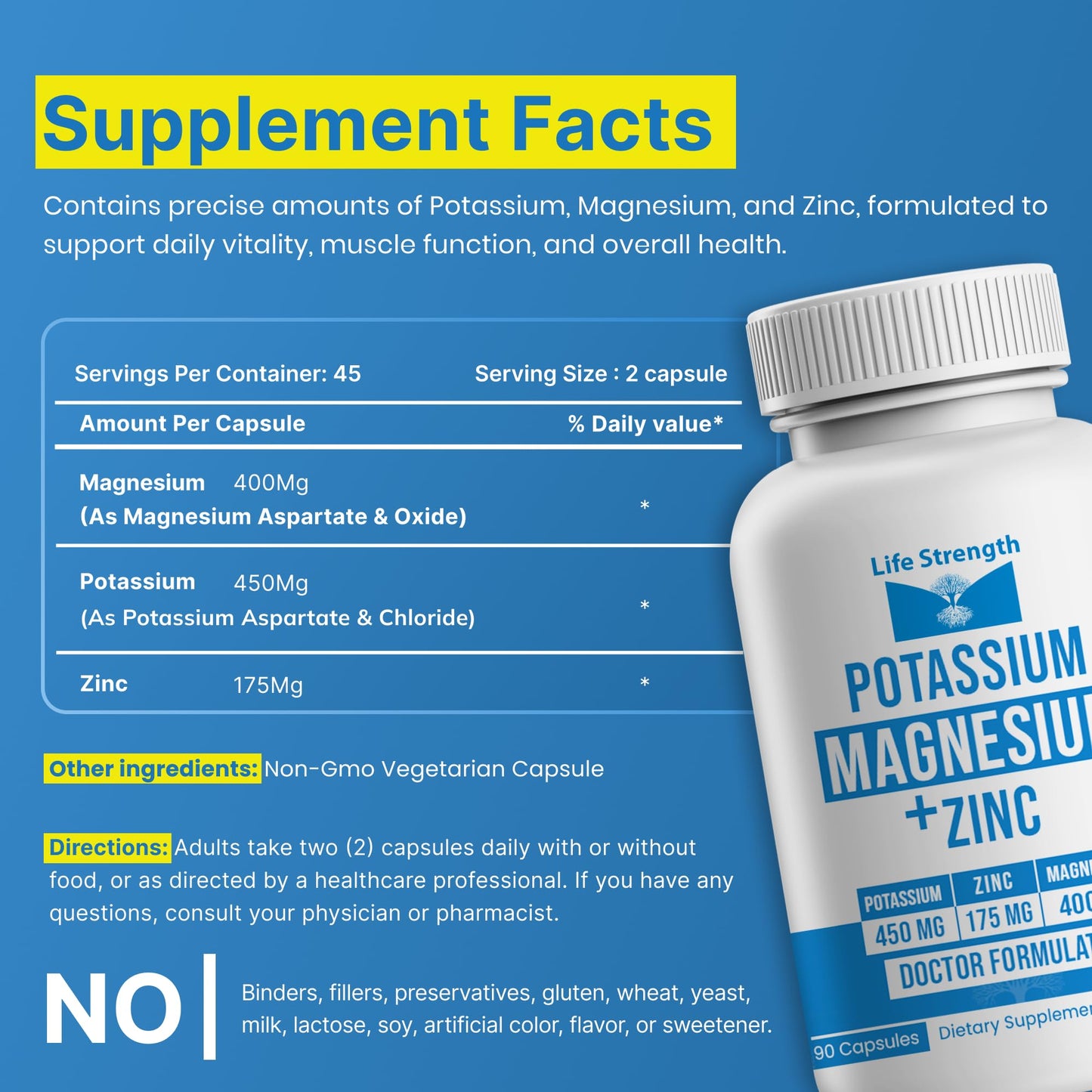 LifeStrength Potassium Magnesium Zinc Supplement 1025mg 90 Capsules