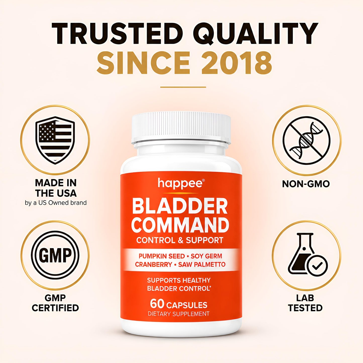 Happee Bladder Control Supplement for Women & Men 1,220mg Urinary Support, 60 Capsules