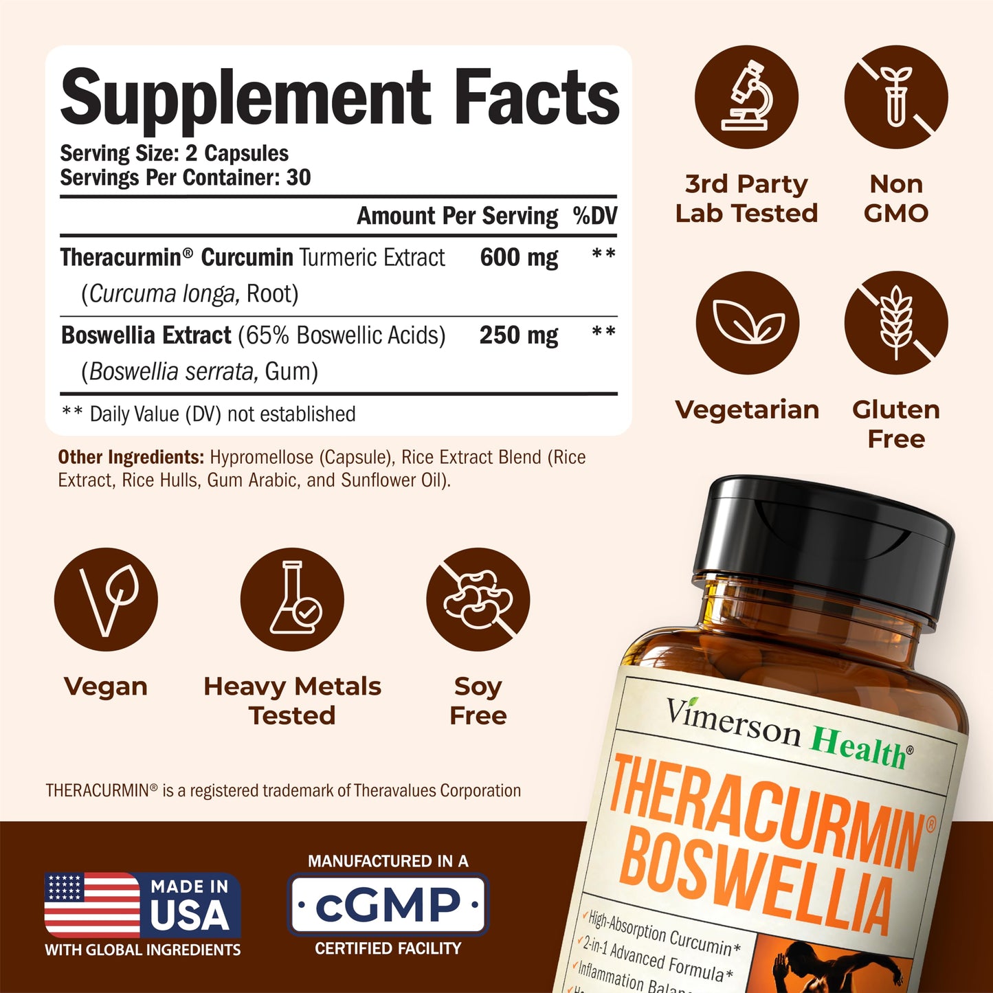 Vimerson Health Advanced Turmeric Curcumin Supplement for Joint Support & Inflammation – Enhanced Absorption Theracurmin 600mg with Boswellia Serrata for Mobility & Recovery – Vegan, Gluten Free, 60 Capsules