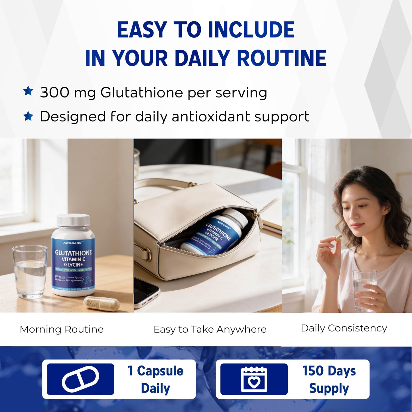 NESSARIT Glutathione, Vitamin C, Glycine, Alpha Lipoic Acid & Milk Thistle – Support Immunity & Radiant Skin, 150 Capsules