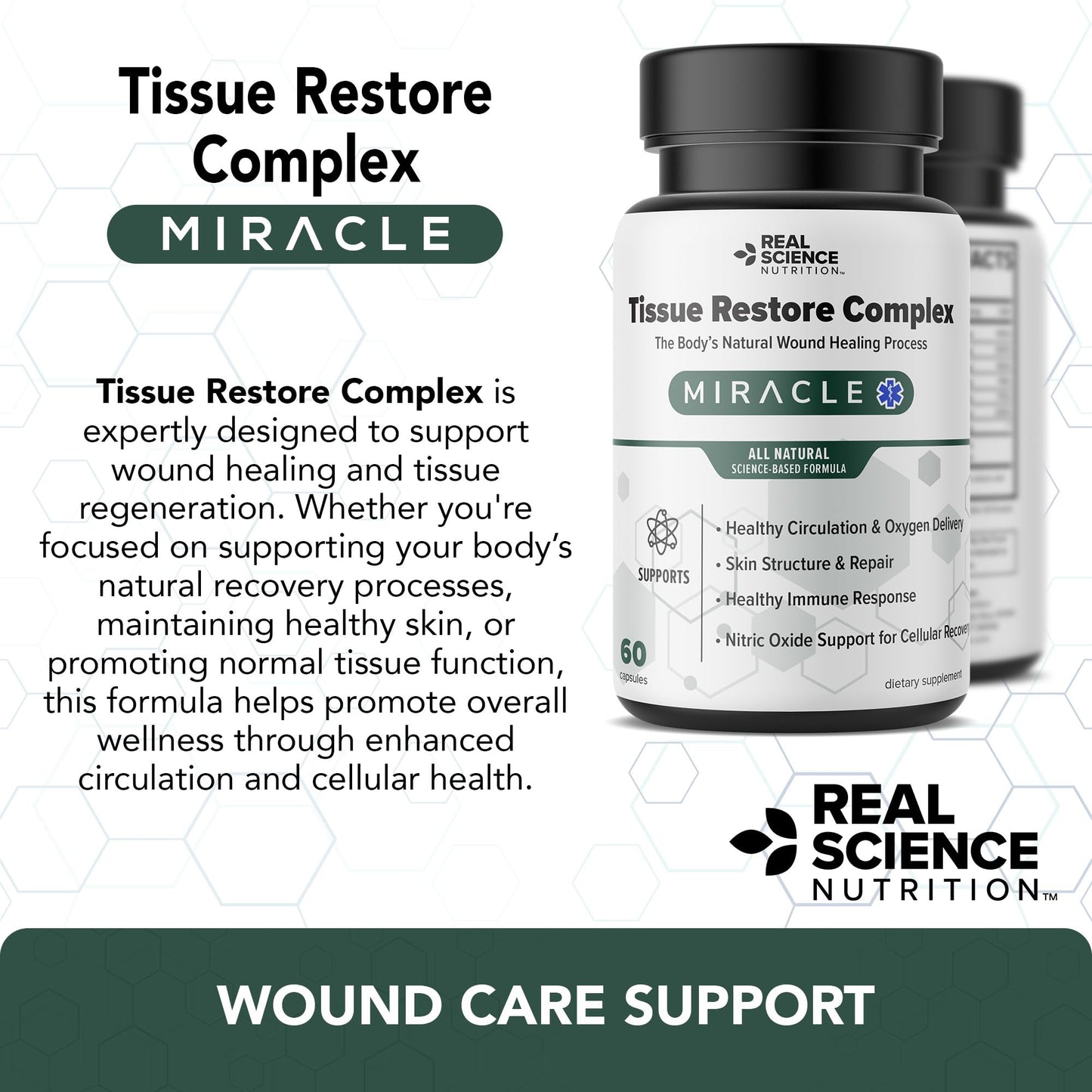 Real Science Nutrition Tissue Restore Complex Circulation & Tissue Health Support with Nitric Oxide, Vitamins C, D, K, B6 & B12 Cellular & Skin Wellness Supplement 60 Capsules