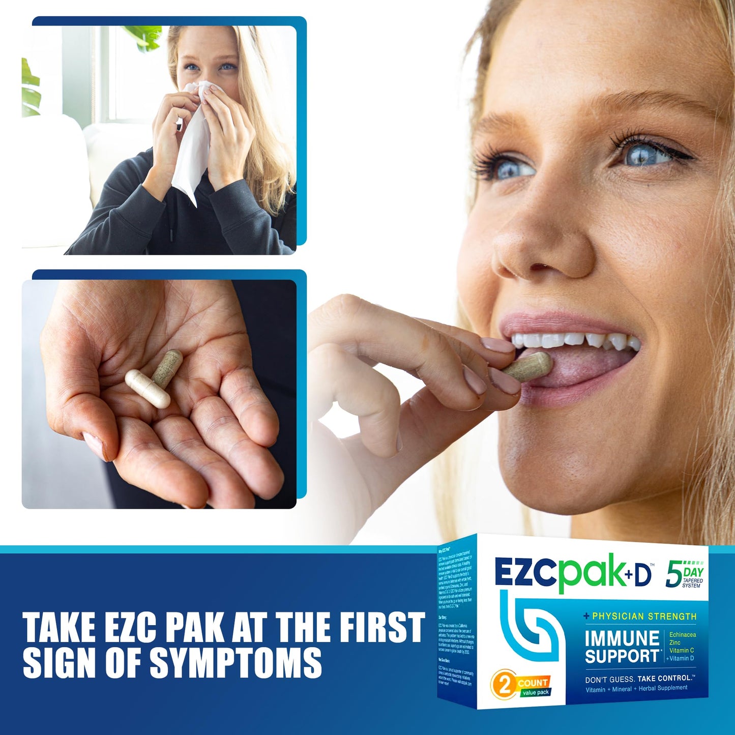 EZC Pak 5-Day Immune System Booster Echinacea Vitamin C & D Zinc Capsules, 2-Pack