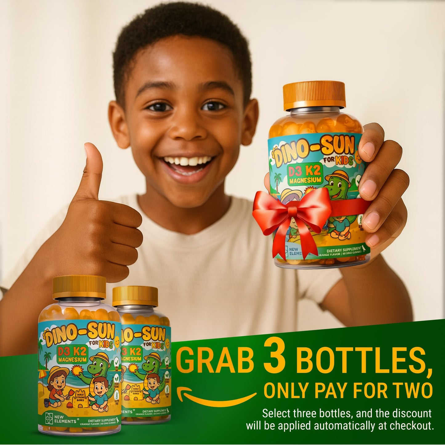 New Elements Vitamin D3 K2 Gummies with Magnesium Glycinate for Kids, 60 Gummies