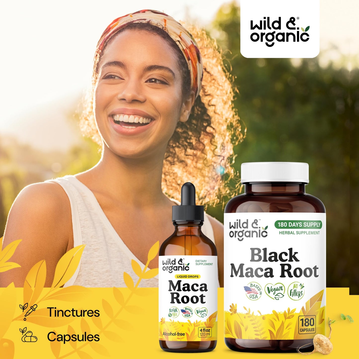 Wild & Organic Black Maca Root Capsules 500 mg, 180 Count