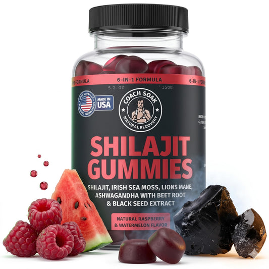 Coach Soak Shilajit Gummies 6-in-1: Tasty Raspberry Watermelon Flavor with Ashwagandha, Lion’s Mane, Irish Sea Moss, Beet Root & Black Seed Oil - Lab Tested Pure Shilajit for Men and Women, 60 ct