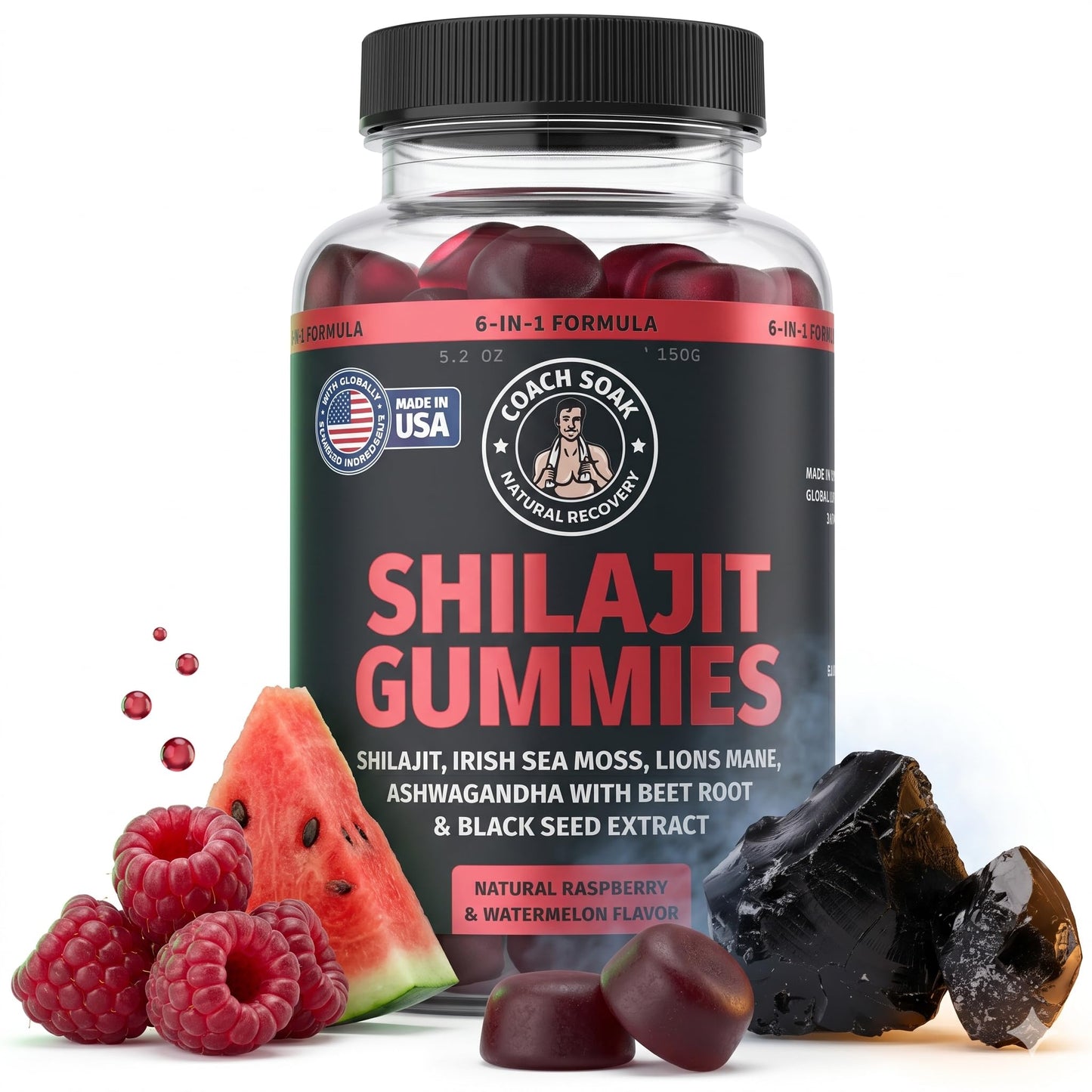 Coach Soak Shilajit Gummies Raspberry Watermelon Flavor 60 Count