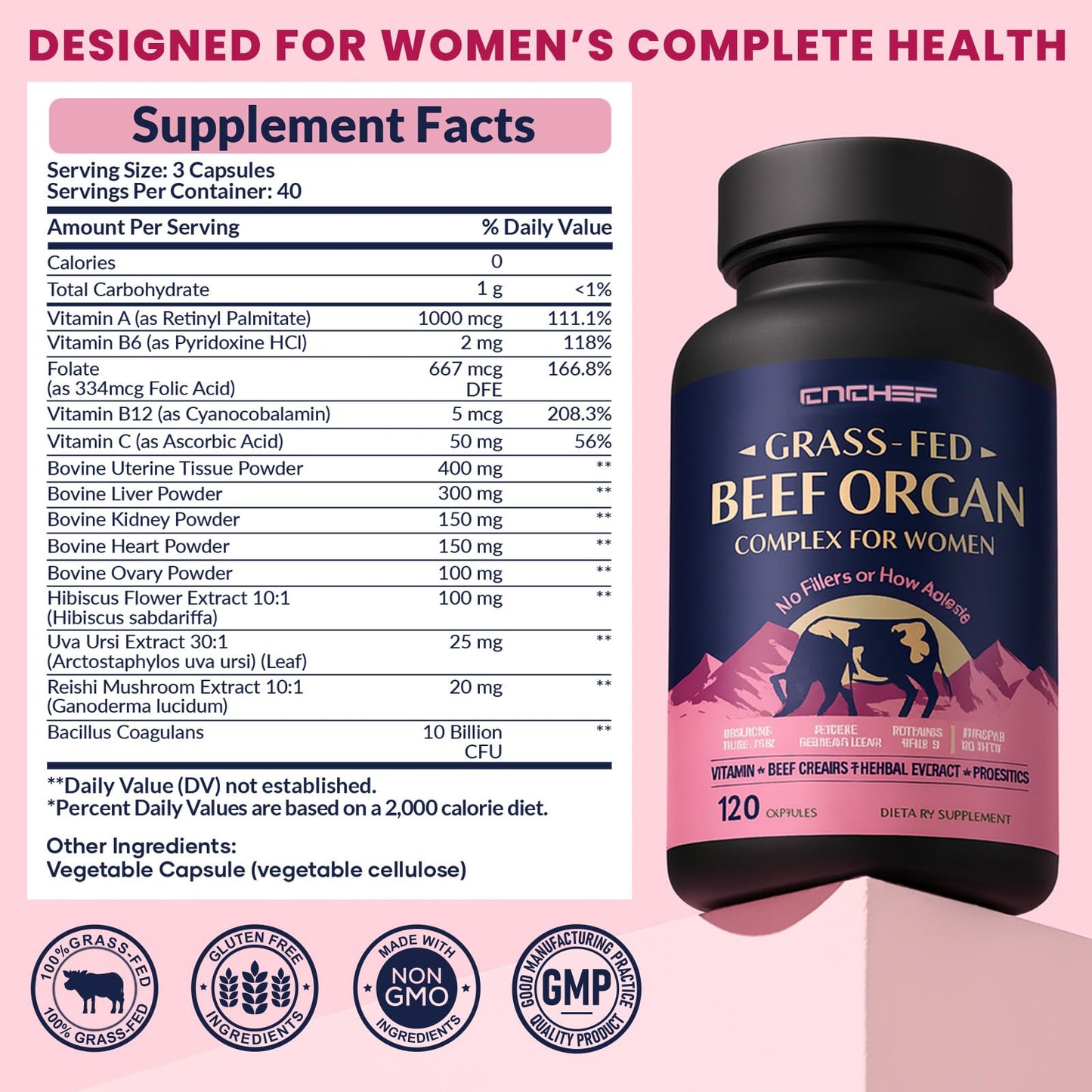 CNCHEF Beef Organ Supplement for Women, 120 Capsules
