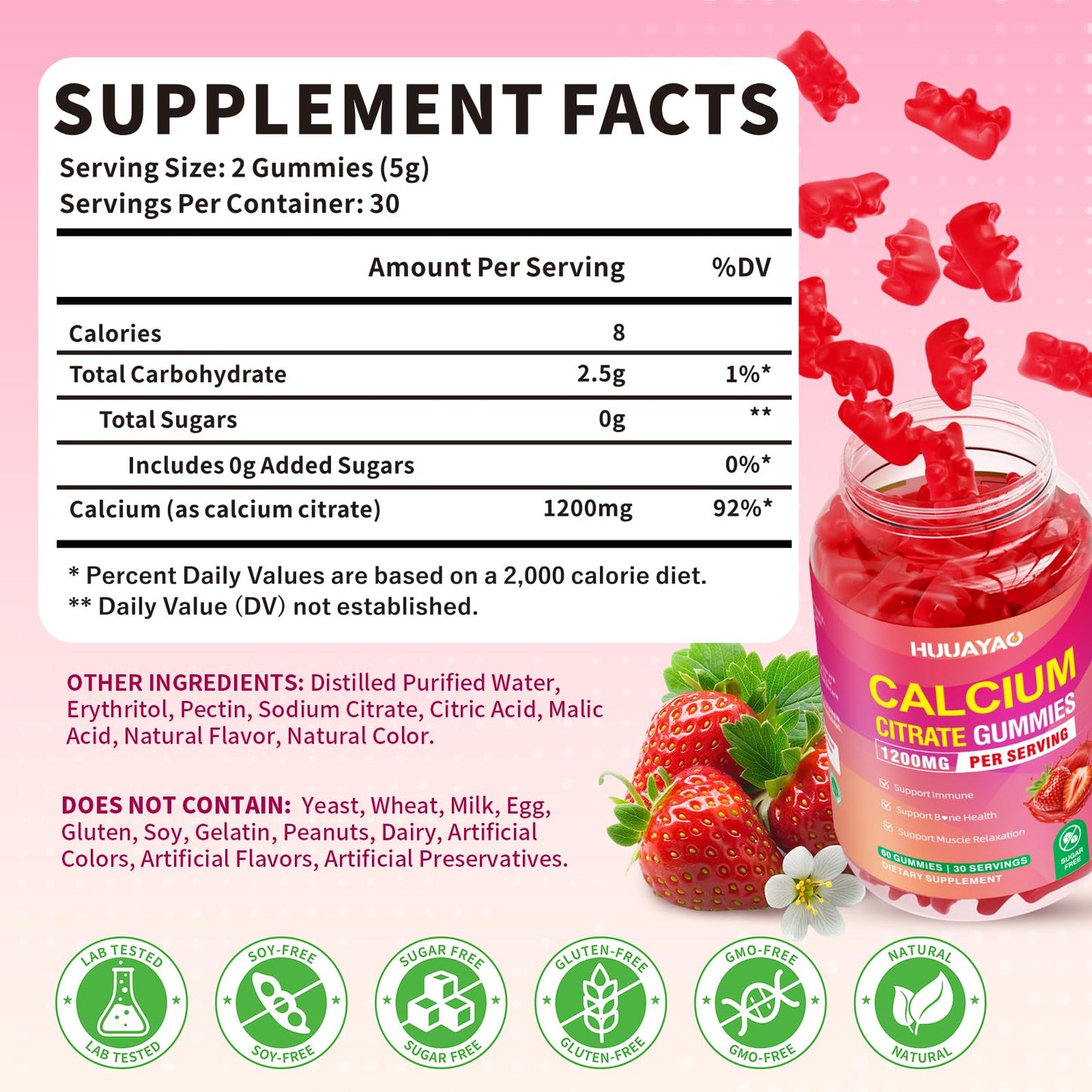 HUUAYAO Calcium Citrate Gummies 1200mg, Sugar Free Strawberry Flavor, 60 Gummies