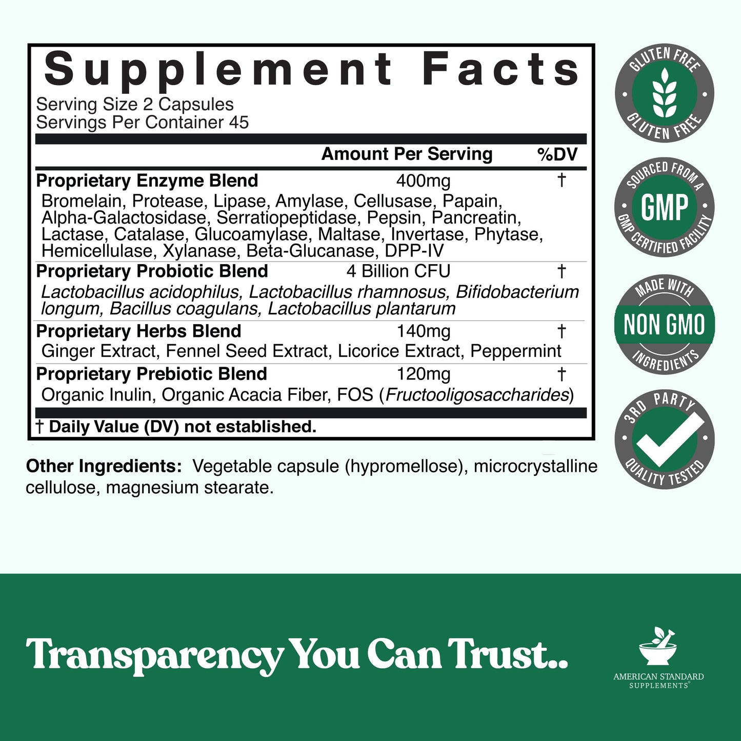 American Standard Supplements Digestive Enzymes Plus Probiotics & Prebiotics Veggie Capsules 120 Count