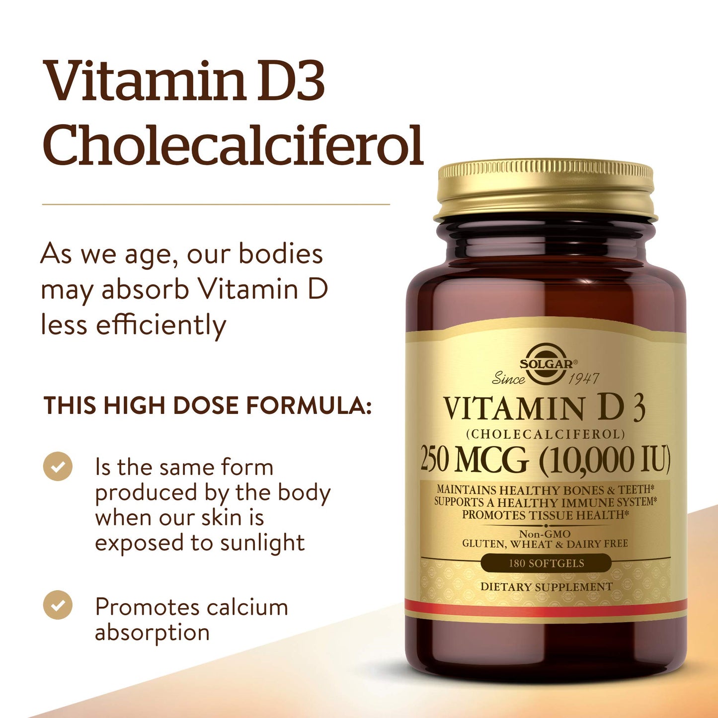 Solgar Vitamin D3 Cholecalciferol 250 mcg 10000 IU Softgels, 180 Count