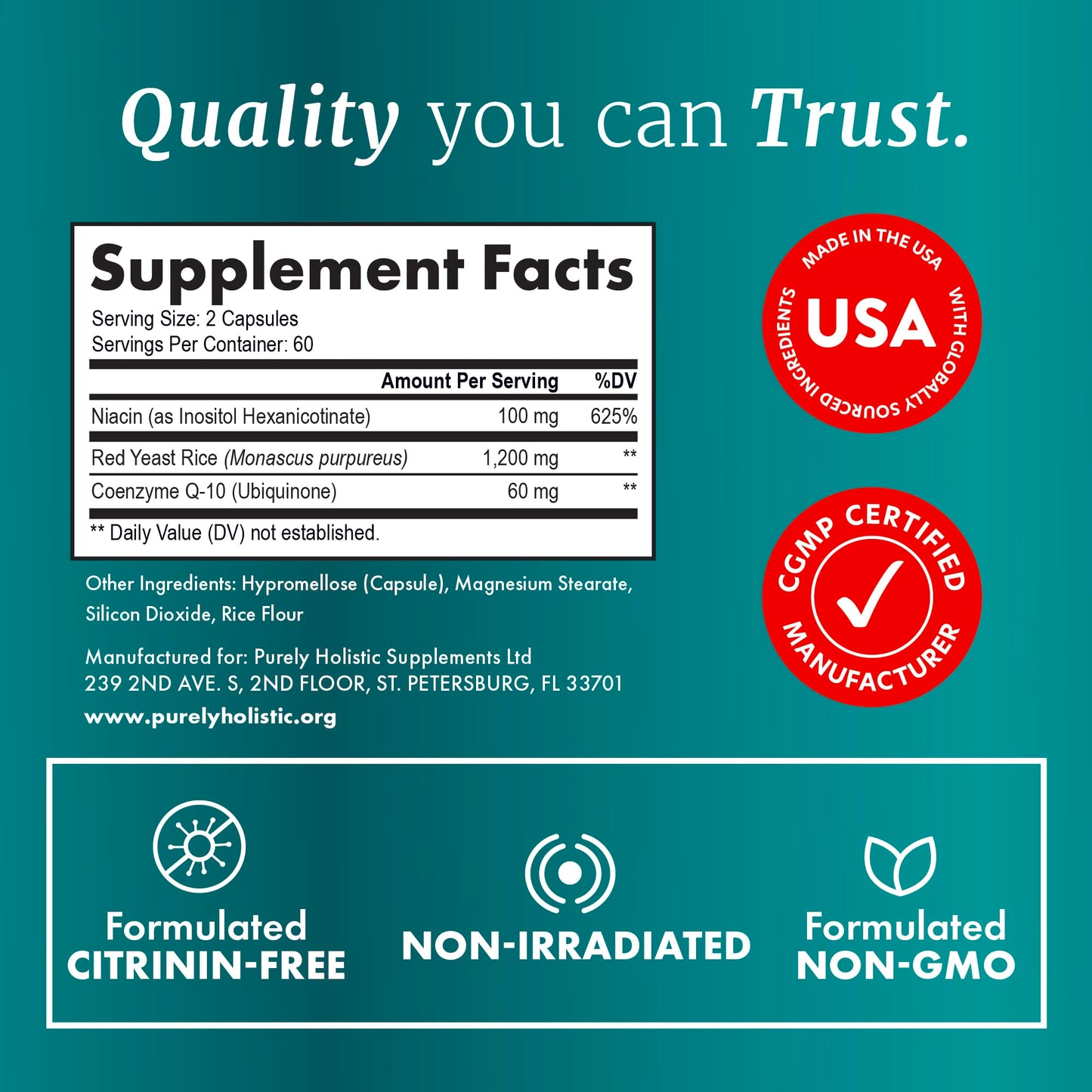 Purely Holistic Red Yeast Rice with CoQ10 Capsule, 120 Count