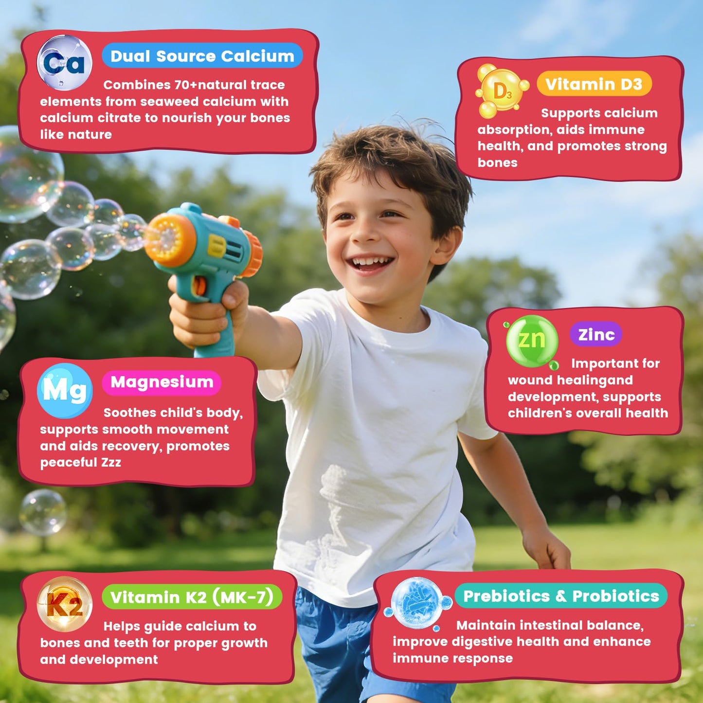 GONGOTA Calcium Citrate Gummies for Kids & Women, Sugar Free, with Vitamin D3, K2, Magnesium, Zinc, Probiotics & Prebiotics, Extra Absorption Algae Calcium, 60 Gummies