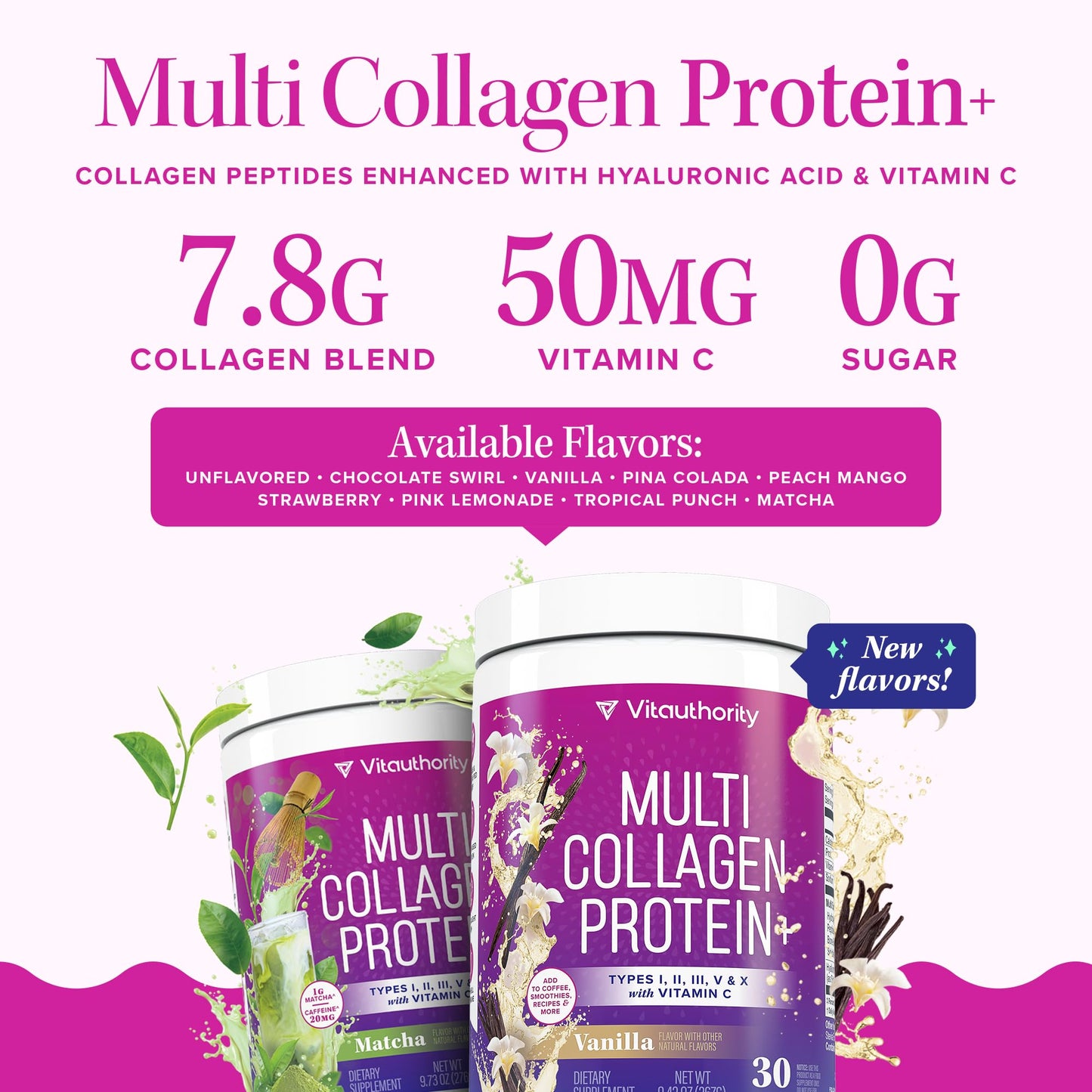 Vitauthority Multi Collagen Protein Powder, Types I II III V & X, Vitamin C & Hyaluronic Acid, Matcha Flavor, 9.7 oz, 30 Servings