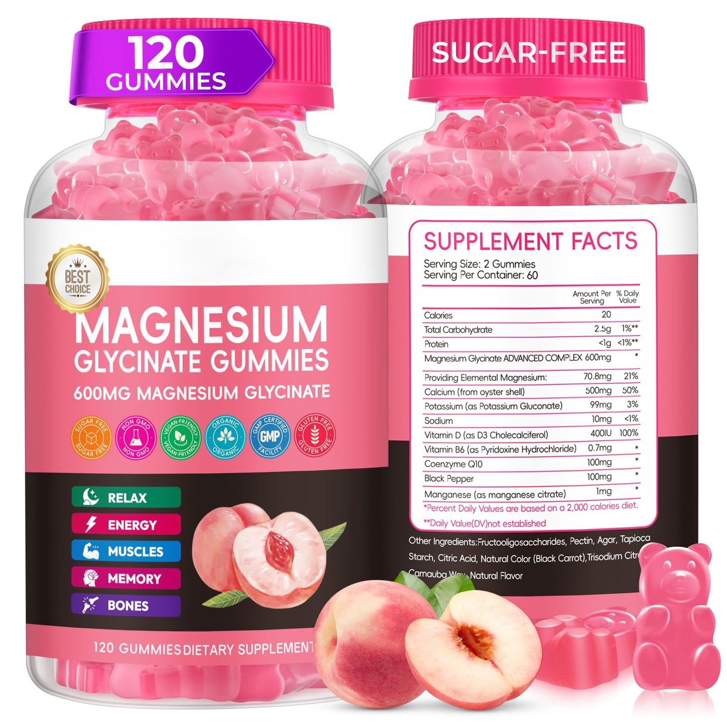 Xytora Magnesium Glycinate Gummies 600mg Advanced Magnesium Complex Peach, 120 Count