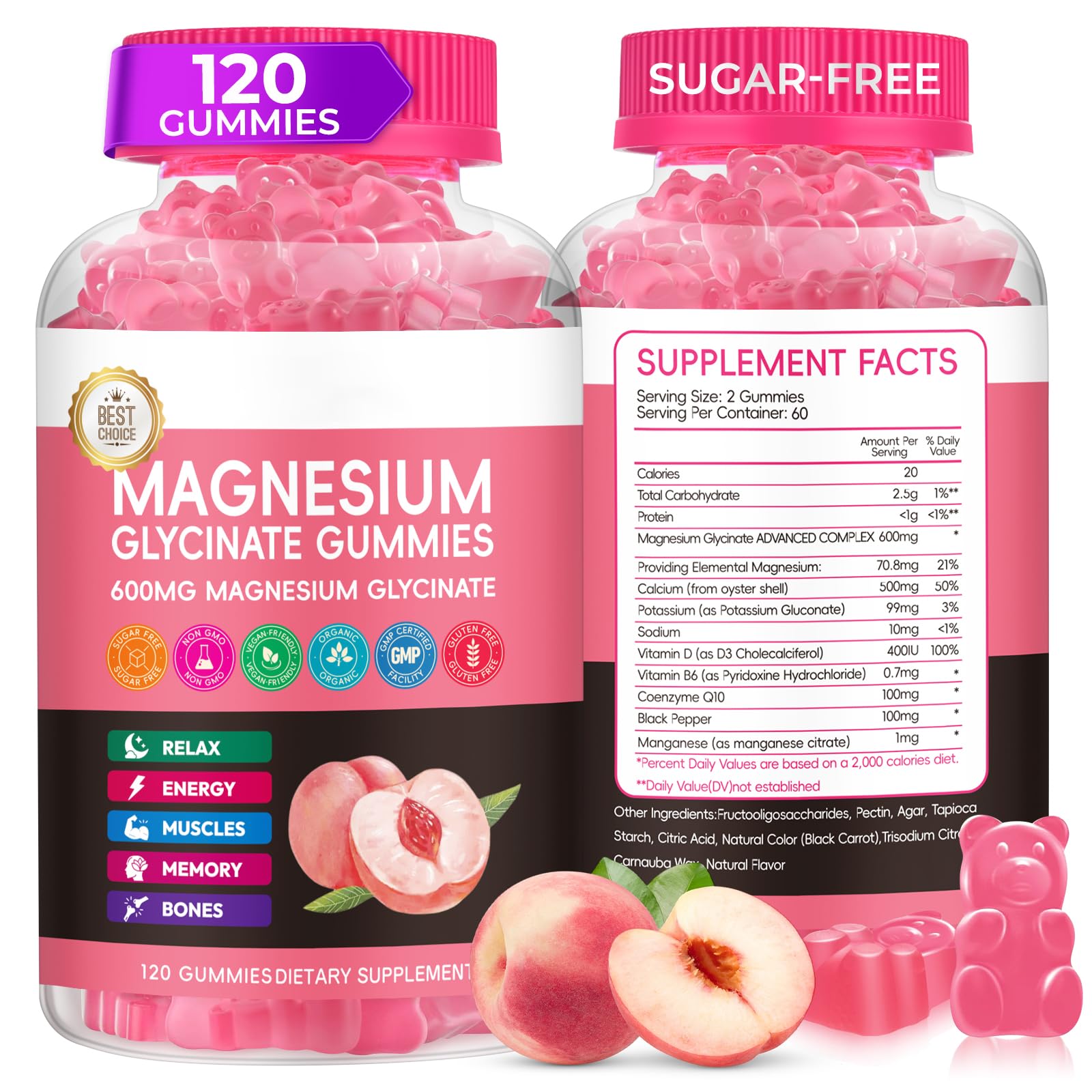 Xytora Magnesium Glycinate Gummies 600mg Advanced Magnesium Complex Peach, 120 Count