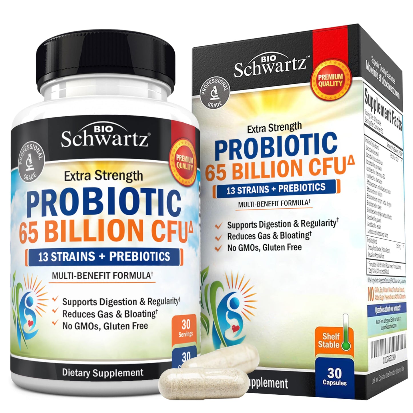BioSchwartz Probiotic 65 Billion Probiotics with Prebiotic for Women & Men Lactobacillus Acidophilus Digestive Health Capsules, 30 Count