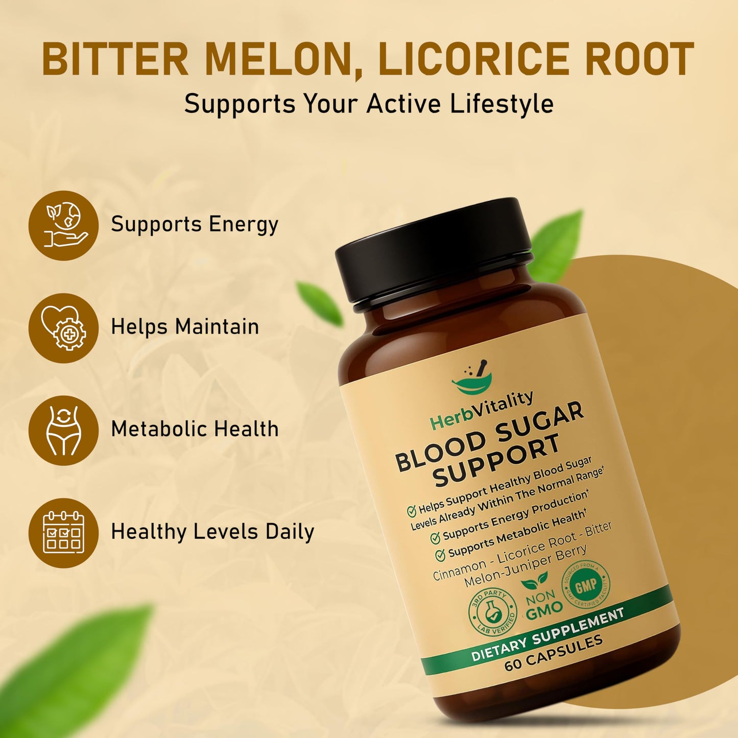 Herb Vitality Blood Sugar Support Supplement with Cinnamon, Bitter Melon, Licorice Root Extract 60 Capsules