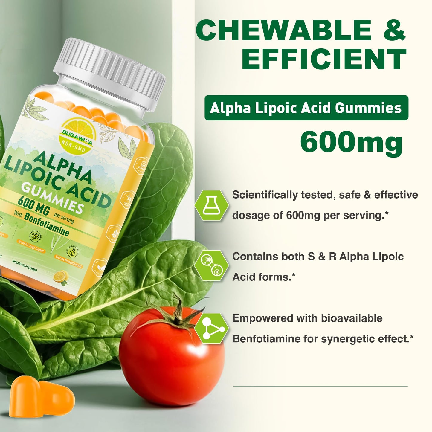 SUGAWITA R-Alpha Lipoic Acid & Alpha GPC Choline Gummies, 120 Count