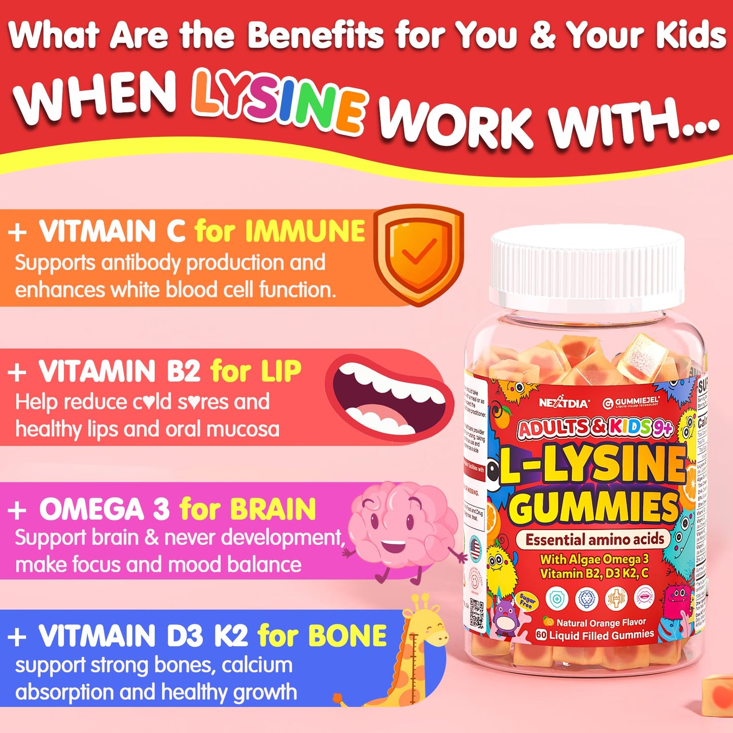 Nextdia L-Lysine Gummies 500/1000mg with Algae Omega-3, Vitamin B2, D3, K2, C Sugar Free, 60 Gummies