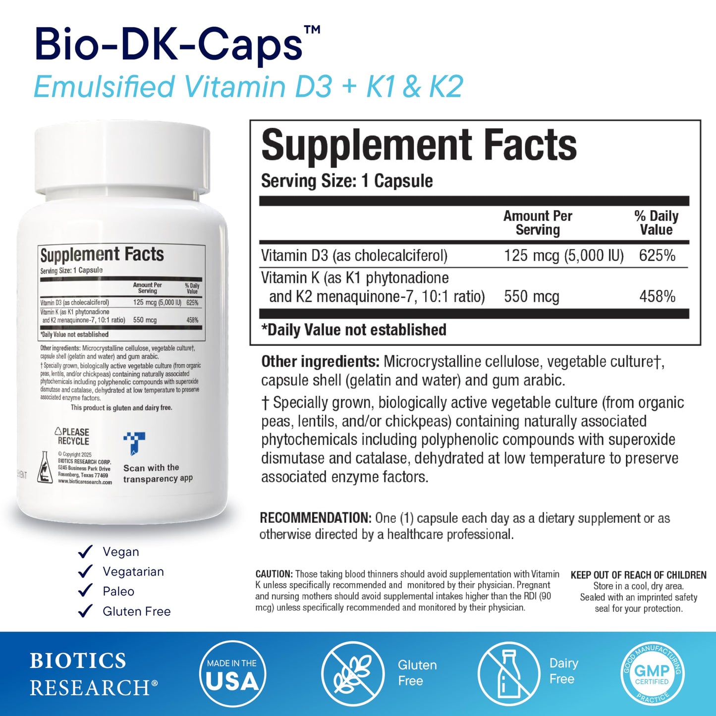 BIOTICS RESEARCH Bio-DK Caps Emulsified Vitamin D and K, Vitamin D3 125 mcg & Vitamin K (K1, K2) 550 mcg MK7, Vitamin D3 K2 K1, 60 Capsules