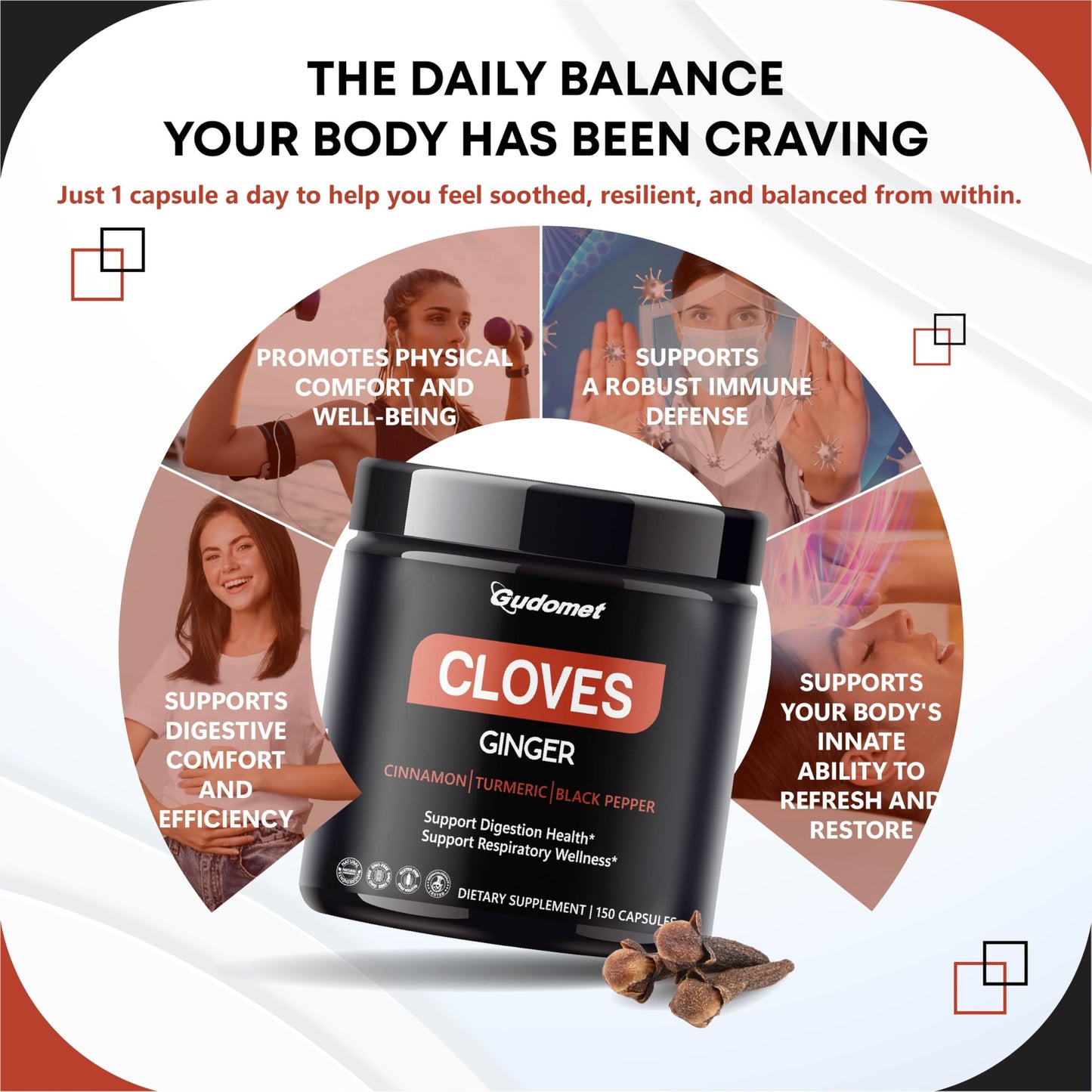 GUDOMET Cloves with Ginger, Cinnamon, Turmeric & Black Pepper Capsules 150 Count