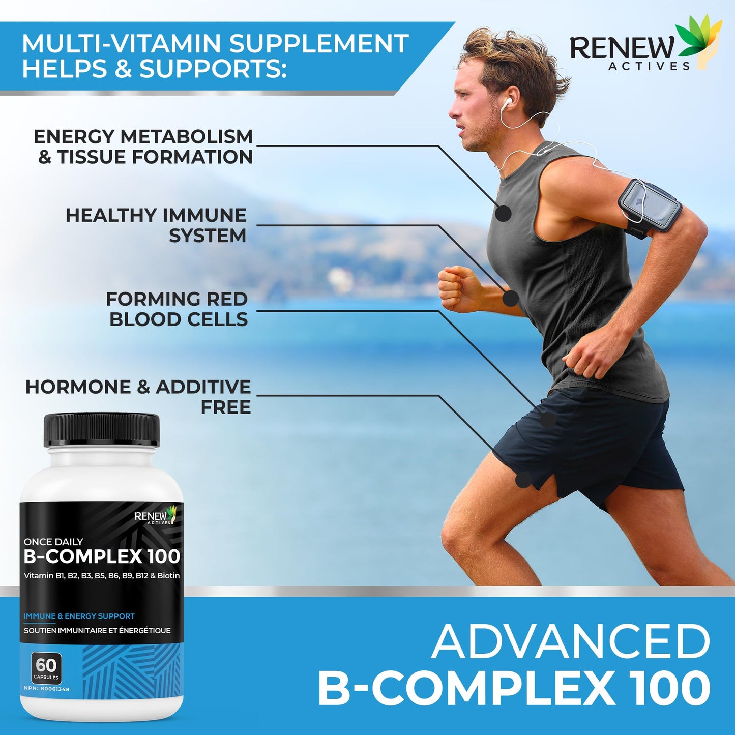 Renew Actives Vitamin B Complex 100 – Daily B1, B2, B3, B5, B6 & B12 600MCG per Serving for Energy, Red Blood Cell Formation, Liver Function & Metabolism – Made in Canada, 60 Capsules