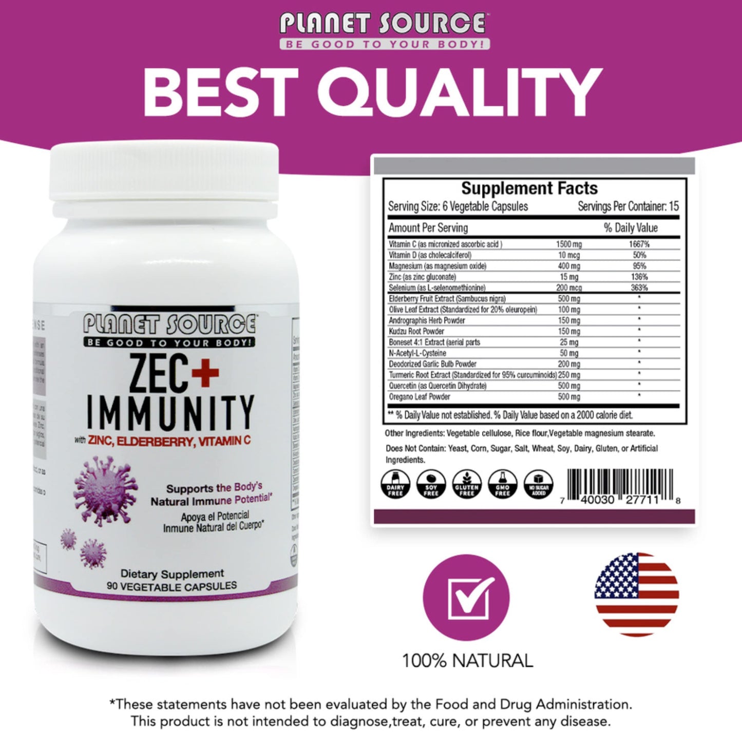 Planet Source ZEC+ Immunity Adult Vitamins with Zinc, Elderberry, and Vitamin C - Natural Elderberry Immune Support Veggie Capsules, 90 Count