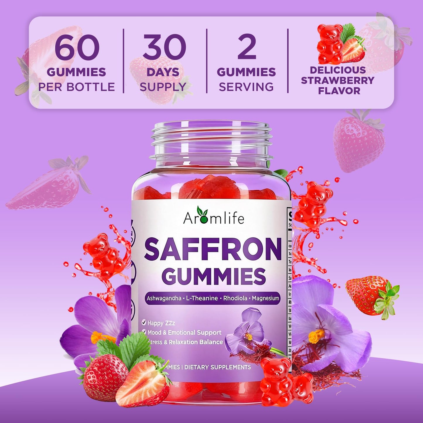 Aromlife Saffron Gummies with Ashwagandha, L-Theanine & Turmeric, 60 Gummies