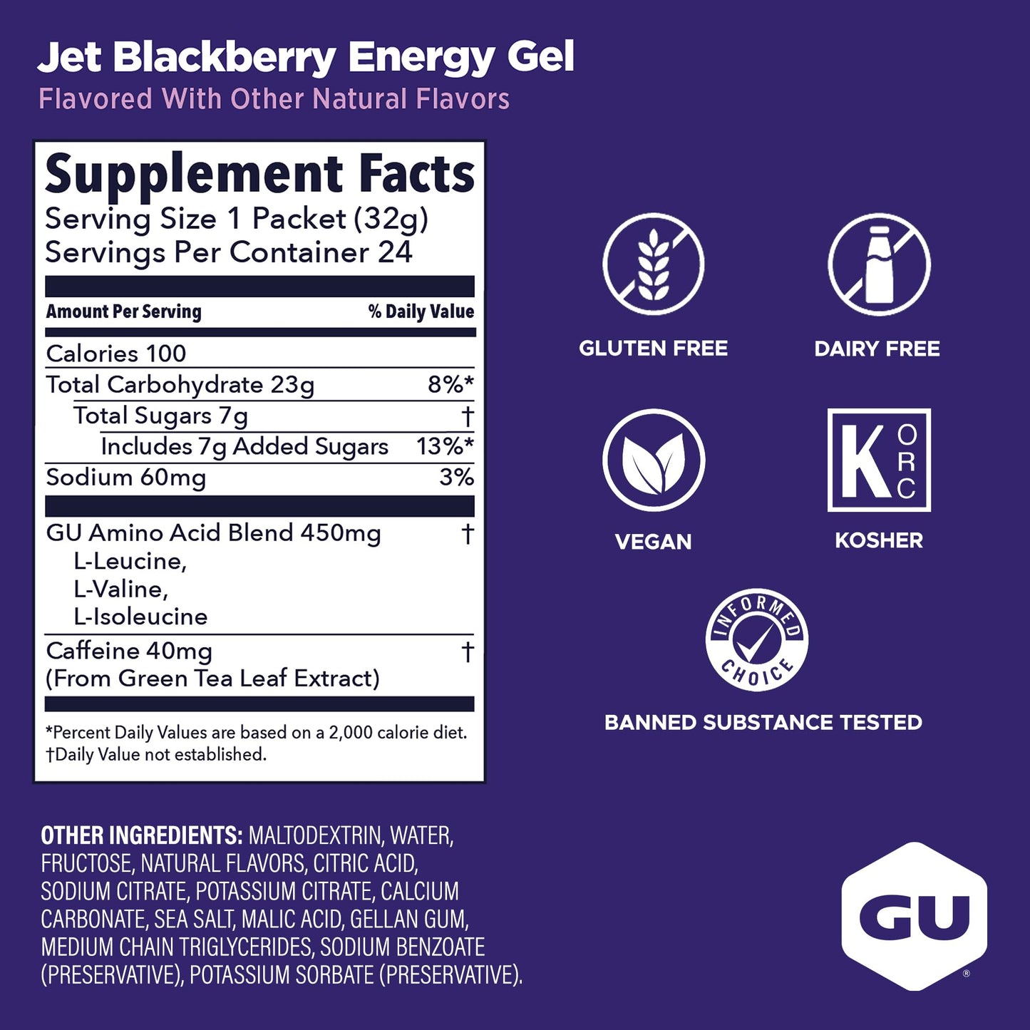 GU Energy Original Sports Nutrition Energy Gel, Jet Blackberry, 24 Count Box (123044)