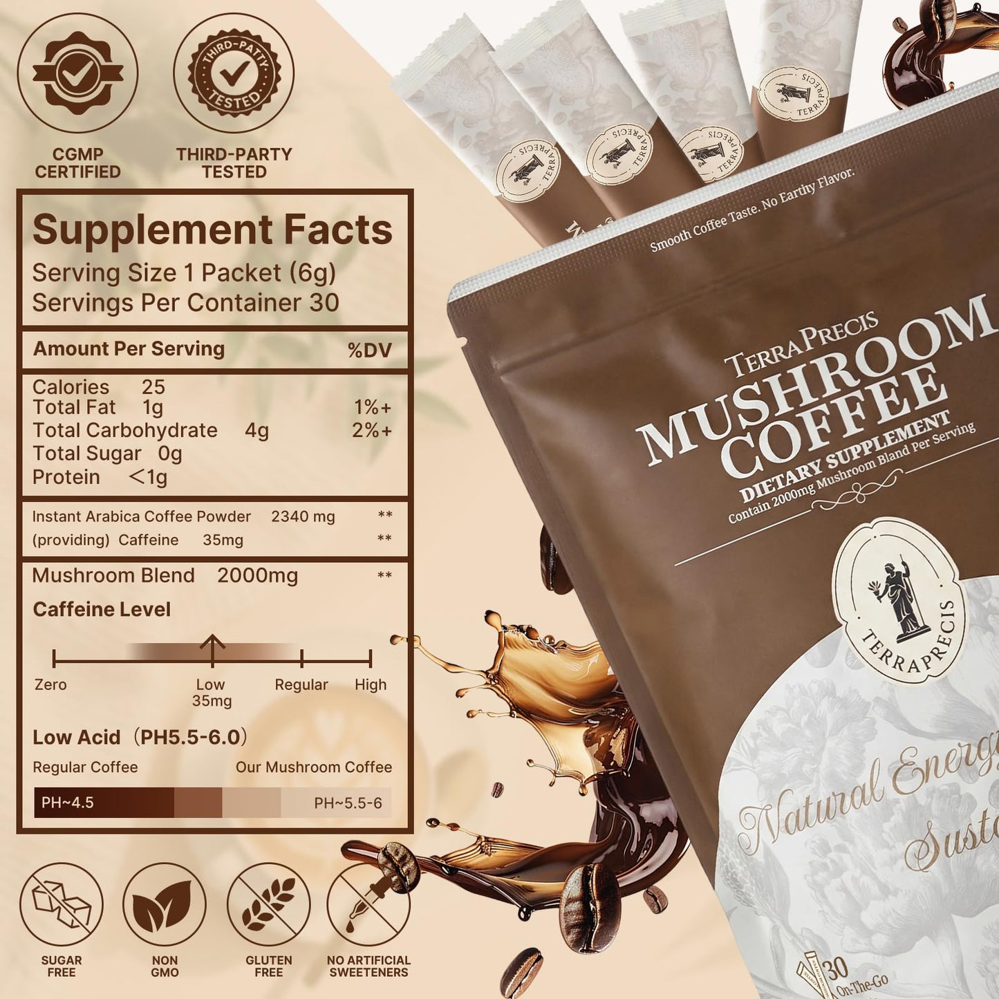 TerraPrecis Mushroom Coffee Instant Powder, 6.35 oz