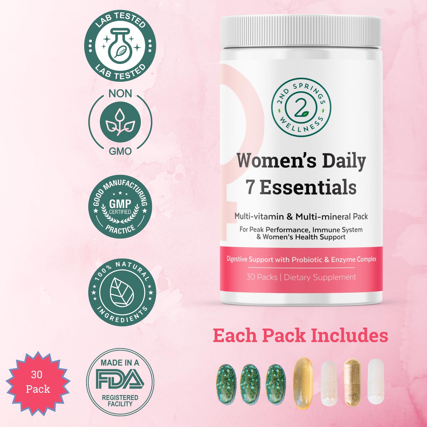 2nd Springs Women's Daily 7 Essentials Adaptogen Complex Sleep Well & Vitamin D3 + K2 Chewables 180