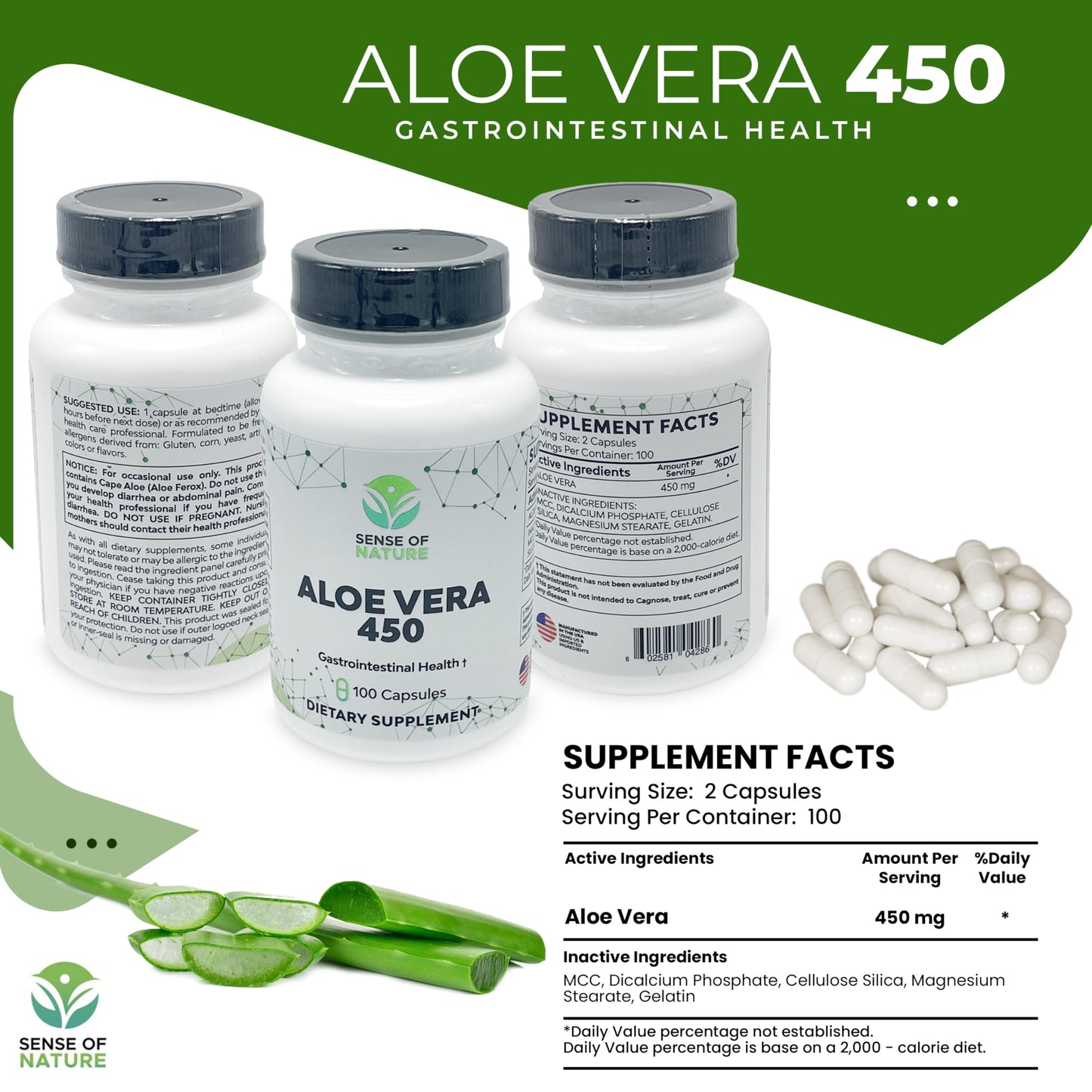 Sense of Nature Aloe Vera 450 Capsules Organic Non-GMO Digestive & Joint Support 1 Count
