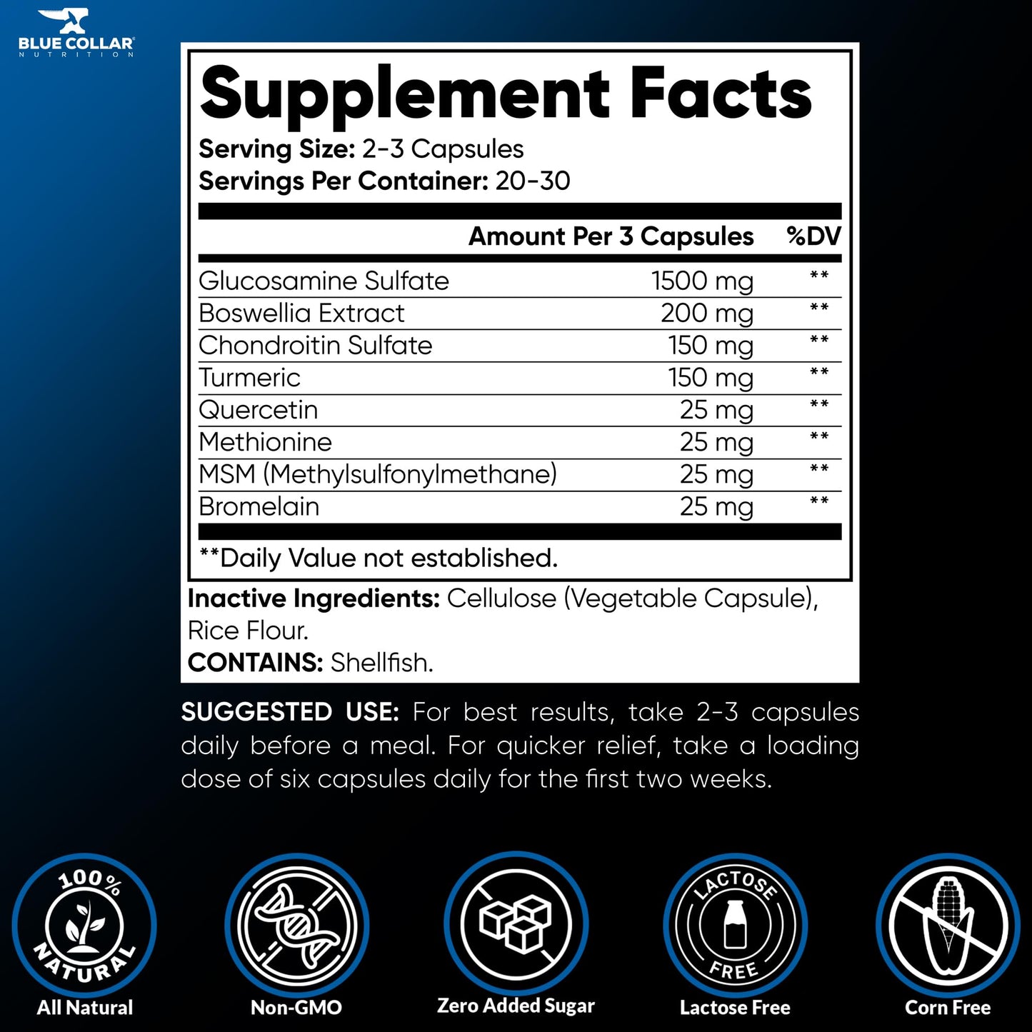 BLUE COLLAR NUTRITION Joint Support Supplement Extra Strength with Glucosamine Chondroitin, MSM, Turmeric, & More 60 Capsules